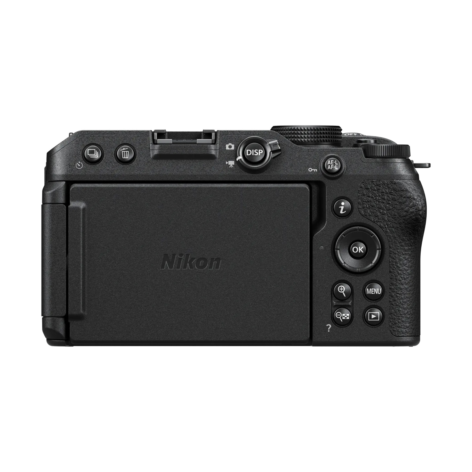 È visibile il retro di una fotocamera Nikon nera. Ha pulsanti, uno schermo con il logo Nikon e varie ghiere.