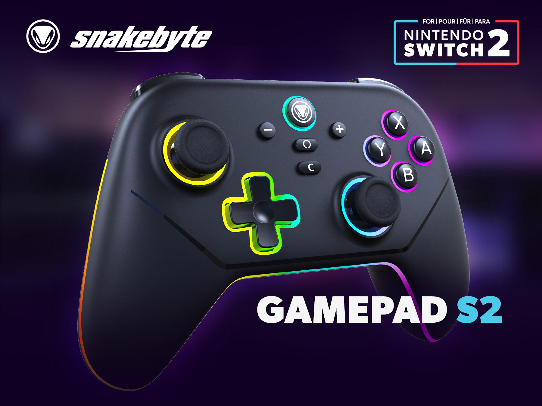 Schwarzes Gamepad mit bunten Akzenten für Nintendo Switch 2. Mit Knöpfen, Joysticks und dem Text 'GAMEPAD S2'.