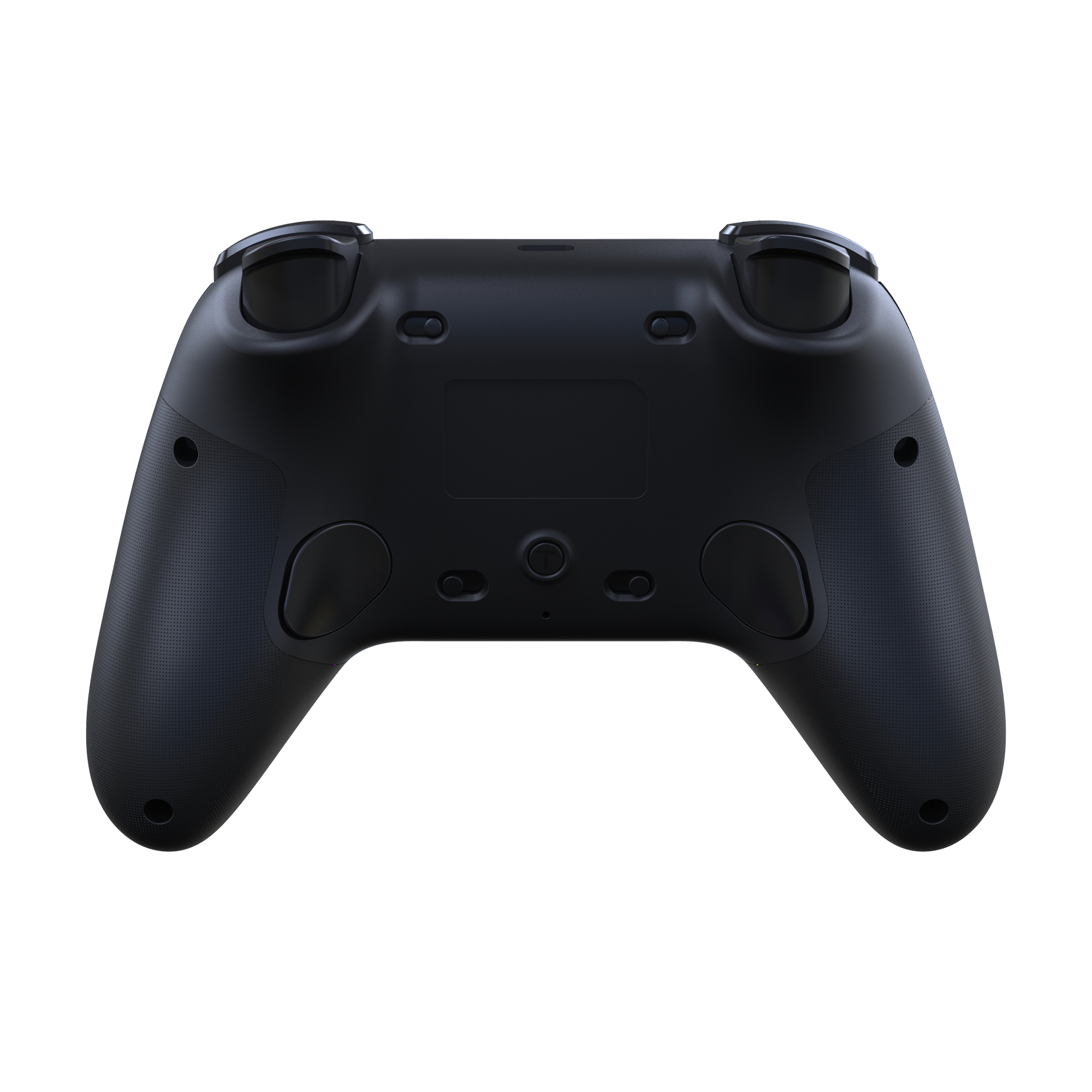 Schwarzer Gamecontroller, von hinten gesehen. Es hat Knöpfe, Auslöser und ein zentrales Panel, vor weißem Hintergrund.
