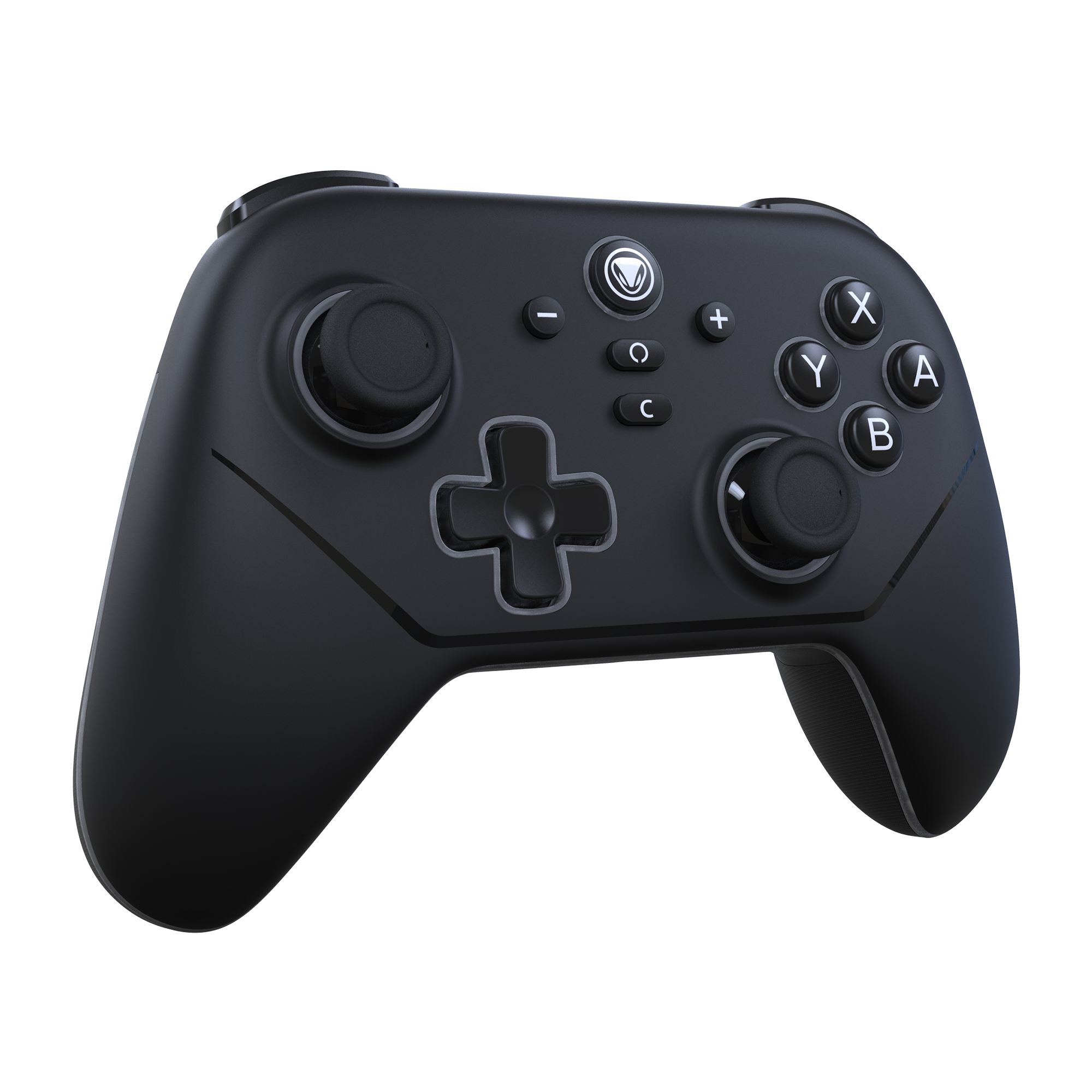 Schwarzer Gamecontroller mit Knöpfen, Joysticks und einem Steuerkreuz auf weißem Hintergrund.