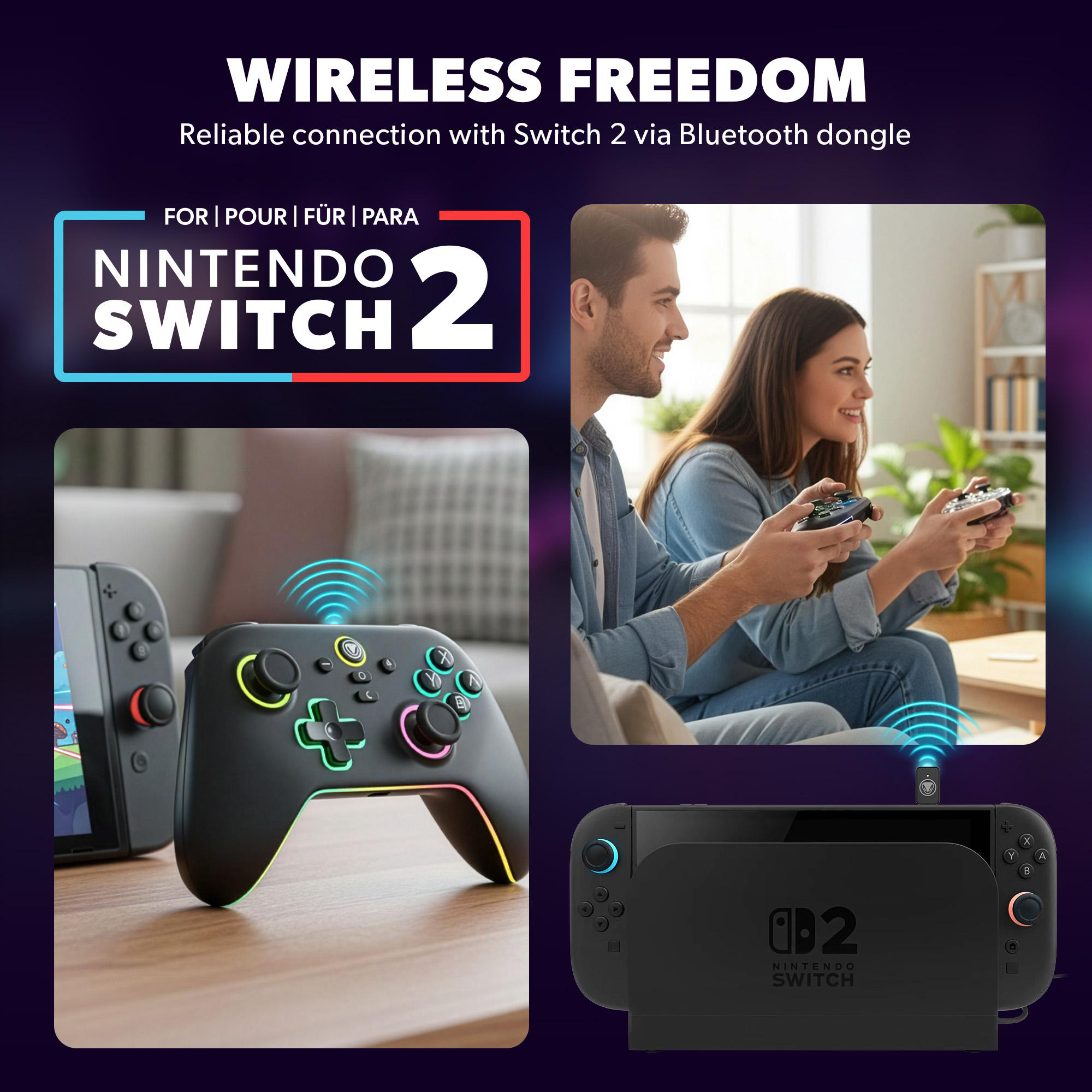 Das Bild zeigt ein Paar, das Videospiele mit Controllern und einer Nintendo Switch 2-Dockingstation spielt.