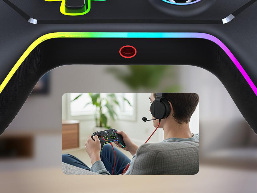 Eine Person mit Headset spielt ein Videospiel mit einem Controller. Der Controller ist schwarz mit einem Regenbogen-LED-Licht.