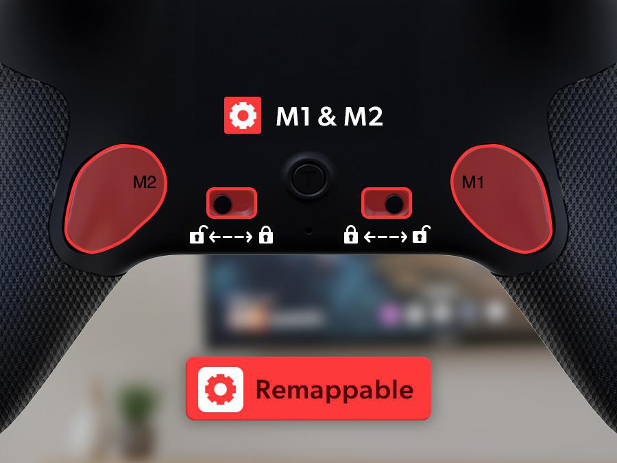Schwarzer Gamecontroller mit roten Knöpfen und Symbolen. Text enthält M1, M2 und zuweisbar. Schloss- und Entsperrsymbole sind sichtbar.