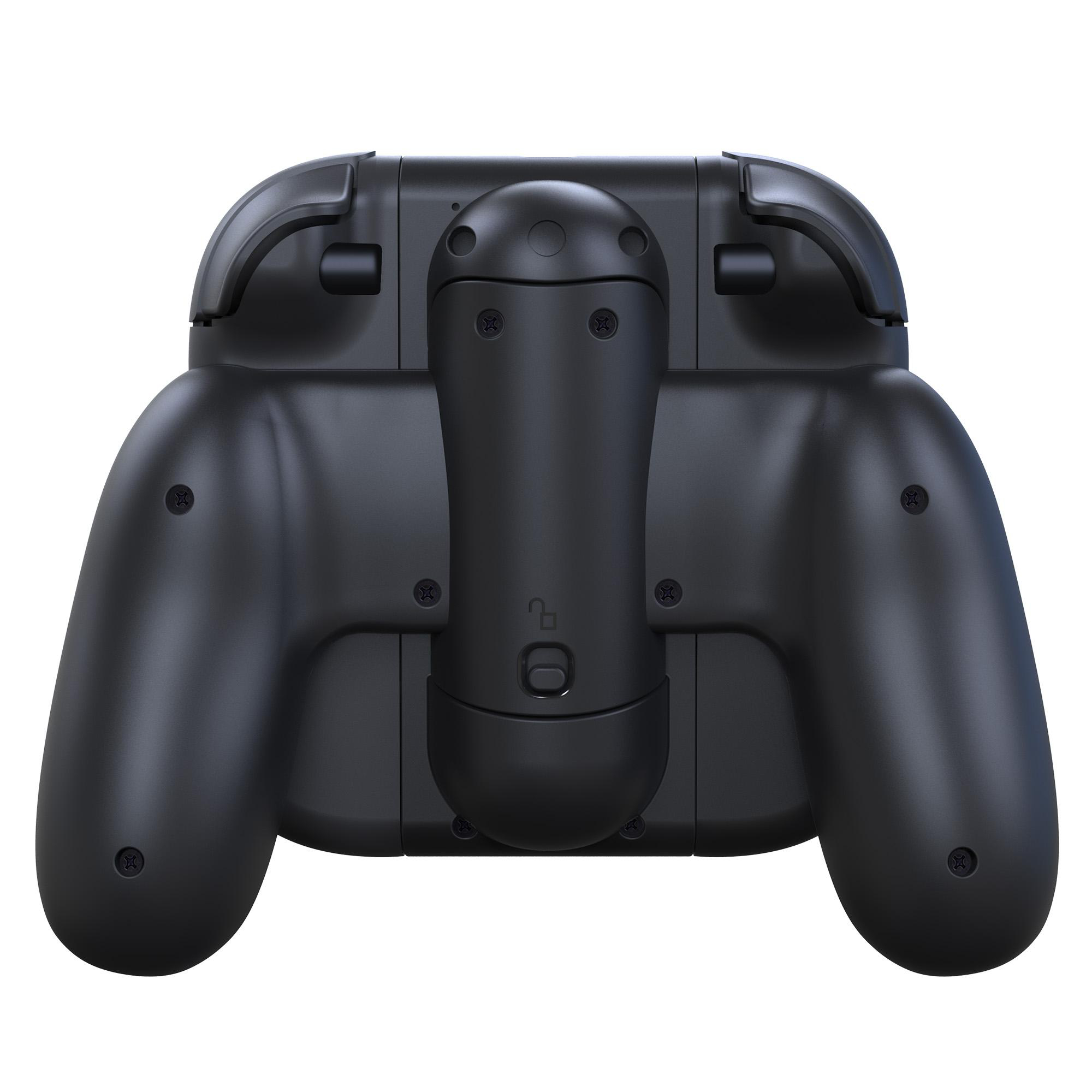 Schwarzer Gamecontroller, von hinten betrachtet. Er hat gebogene Griffe, Knöpfe und Schrauben. Weißer Hintergrund.