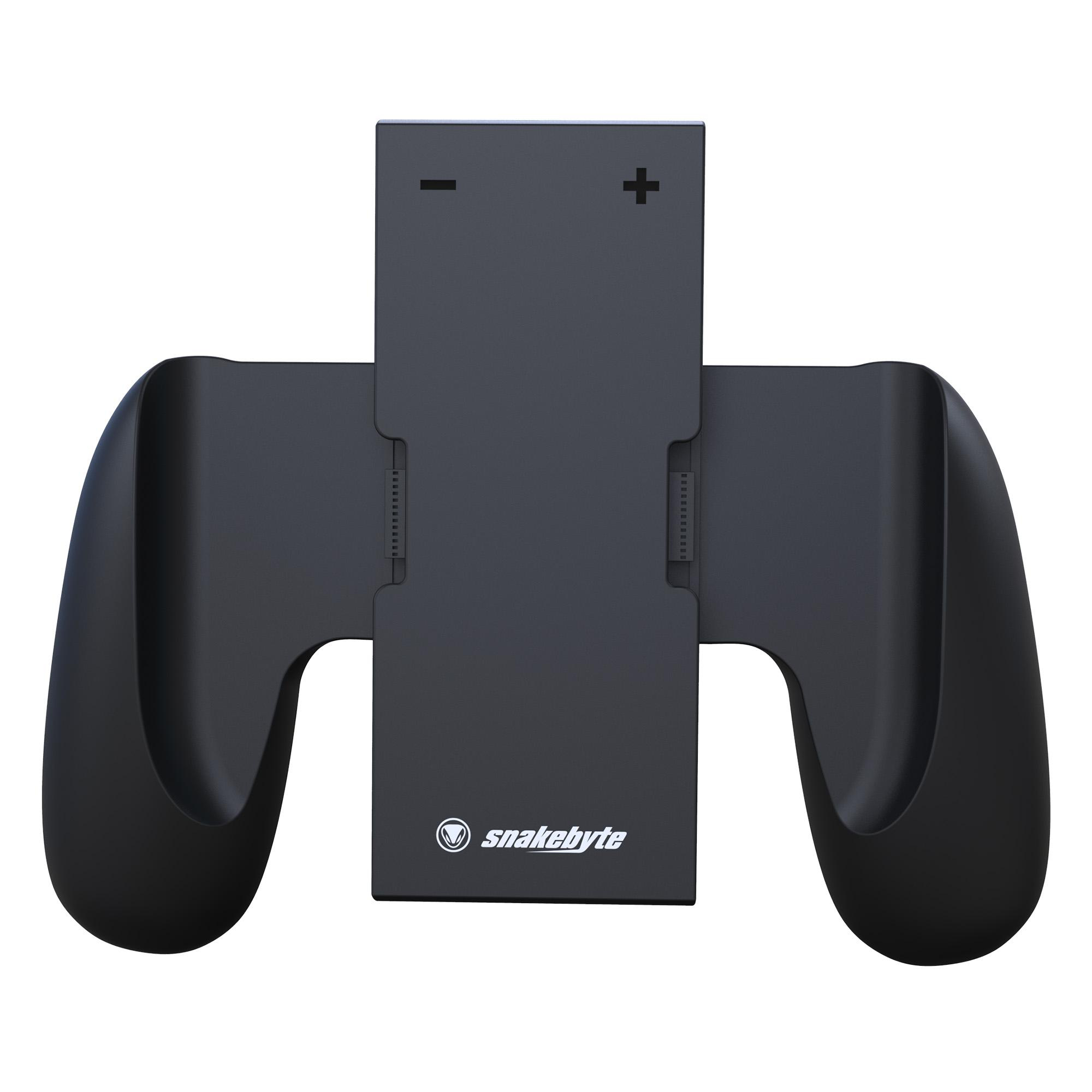 Schwarzer Gamecontroller-Griff mit zentralem Panel. Mit Plus- und Minus-Symbolen und einem Snakebyte-Logo.