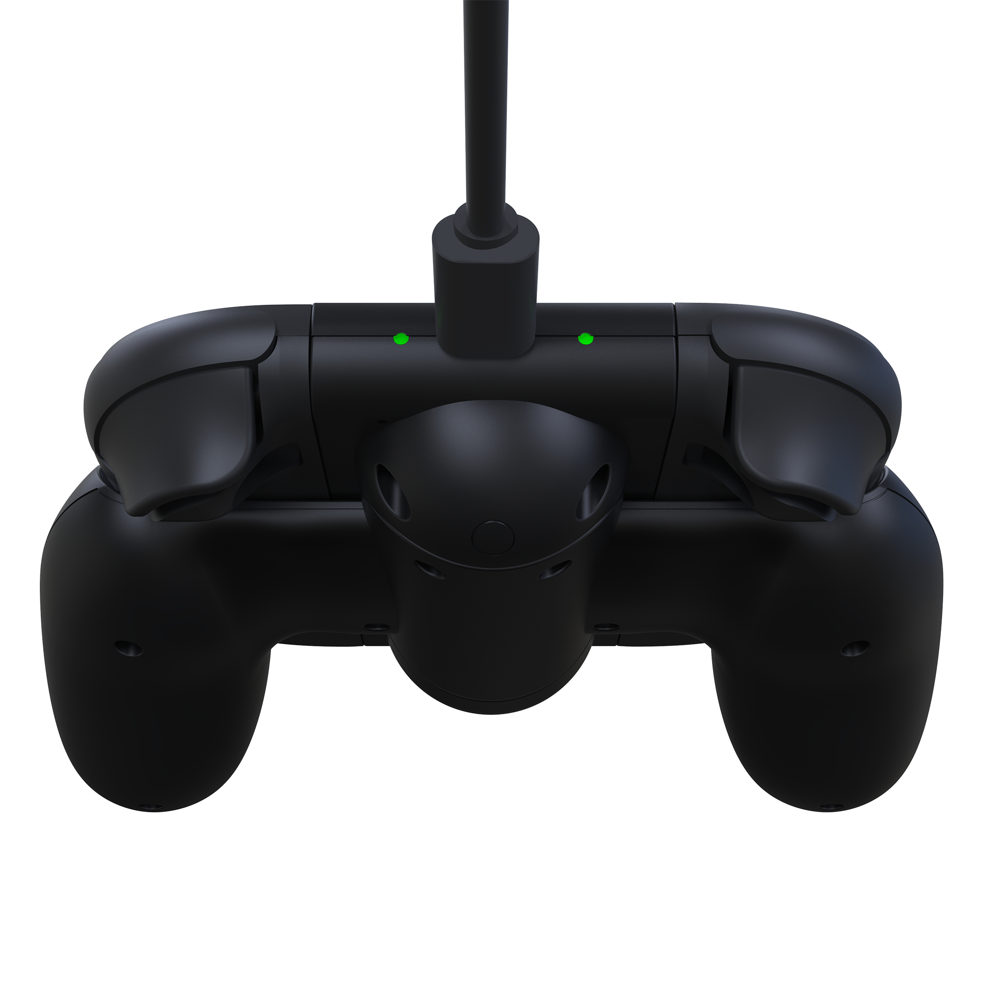 Schwarzer Gamecontroller, Draufsicht, mit Kabel. Zwei grüne Lichter sind sichtbar. Der Hintergrund ist weiß.