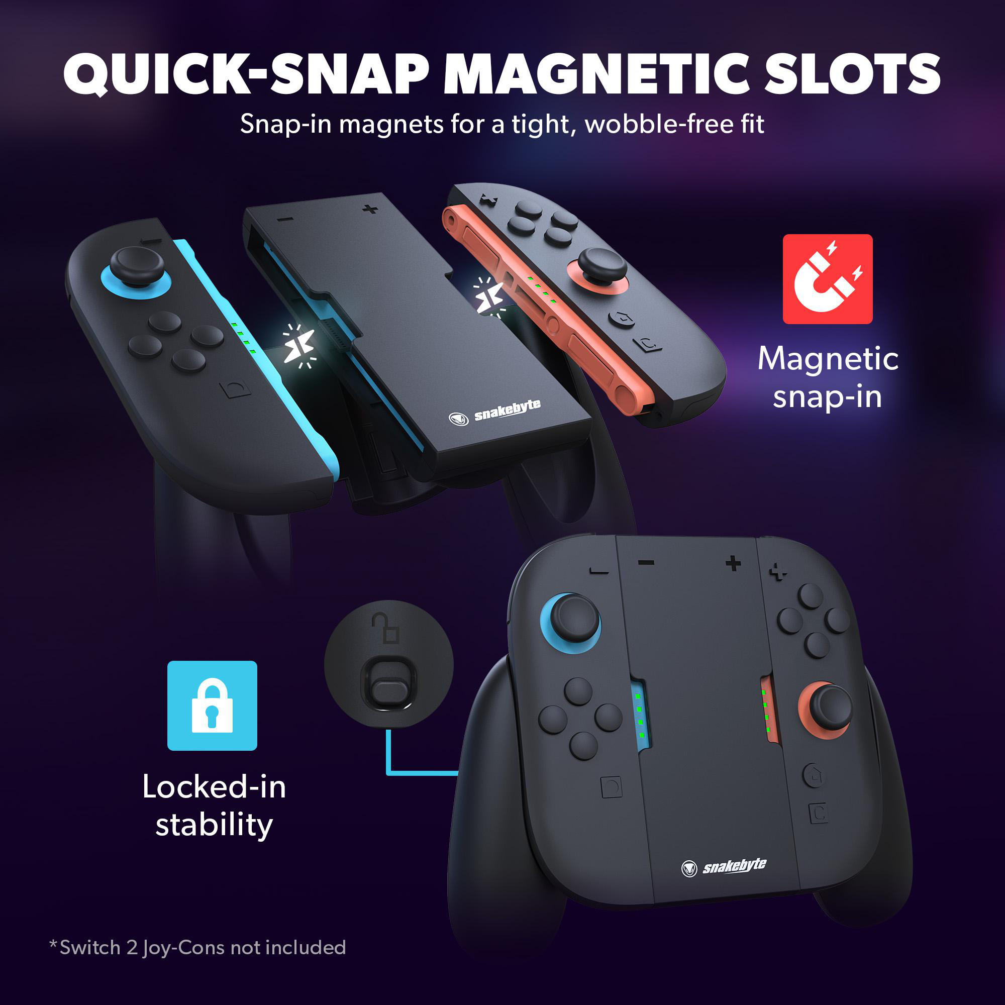 Das Bild zeigt Switch-Controller und Joy-Cons mit magnetischen Snap-in-Funktionen und fester Stabilität, die das Produktdesign zeigen.