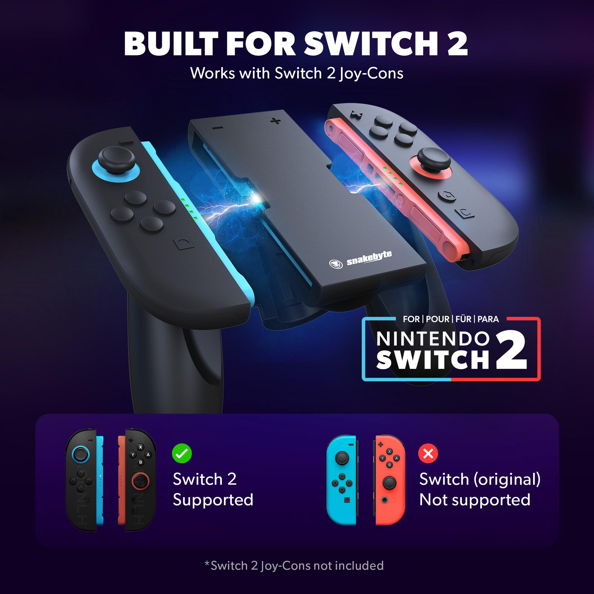 Das Bild zeigt Switch 2-Controller und Zubehör. Text sagt 'Built for Switch 2'. Enthält Logos und Produktinformationen.