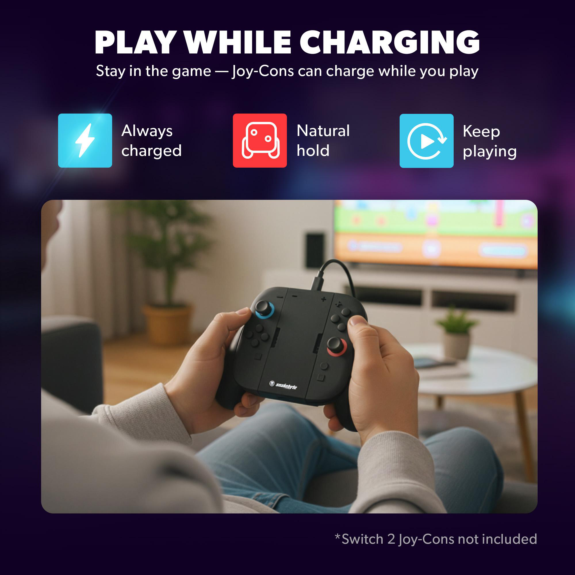 Eine Person hält einen schwarzen Gamecontroller. Der Controller ist mit einem Fernseher verbunden. Text: Spielen während des Ladens.