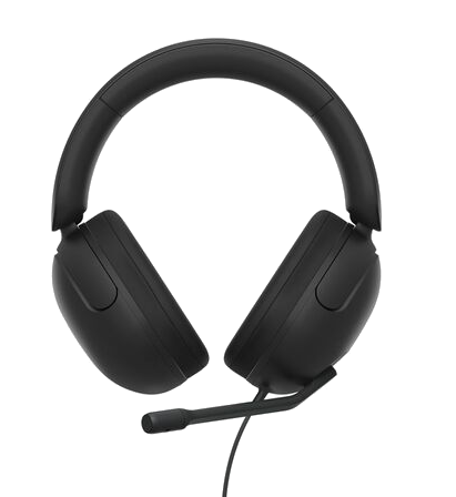 Czarne słuchawki z mikrofonem. Słuchawki mają konstrukcję nauszną. Tło jest czarne.