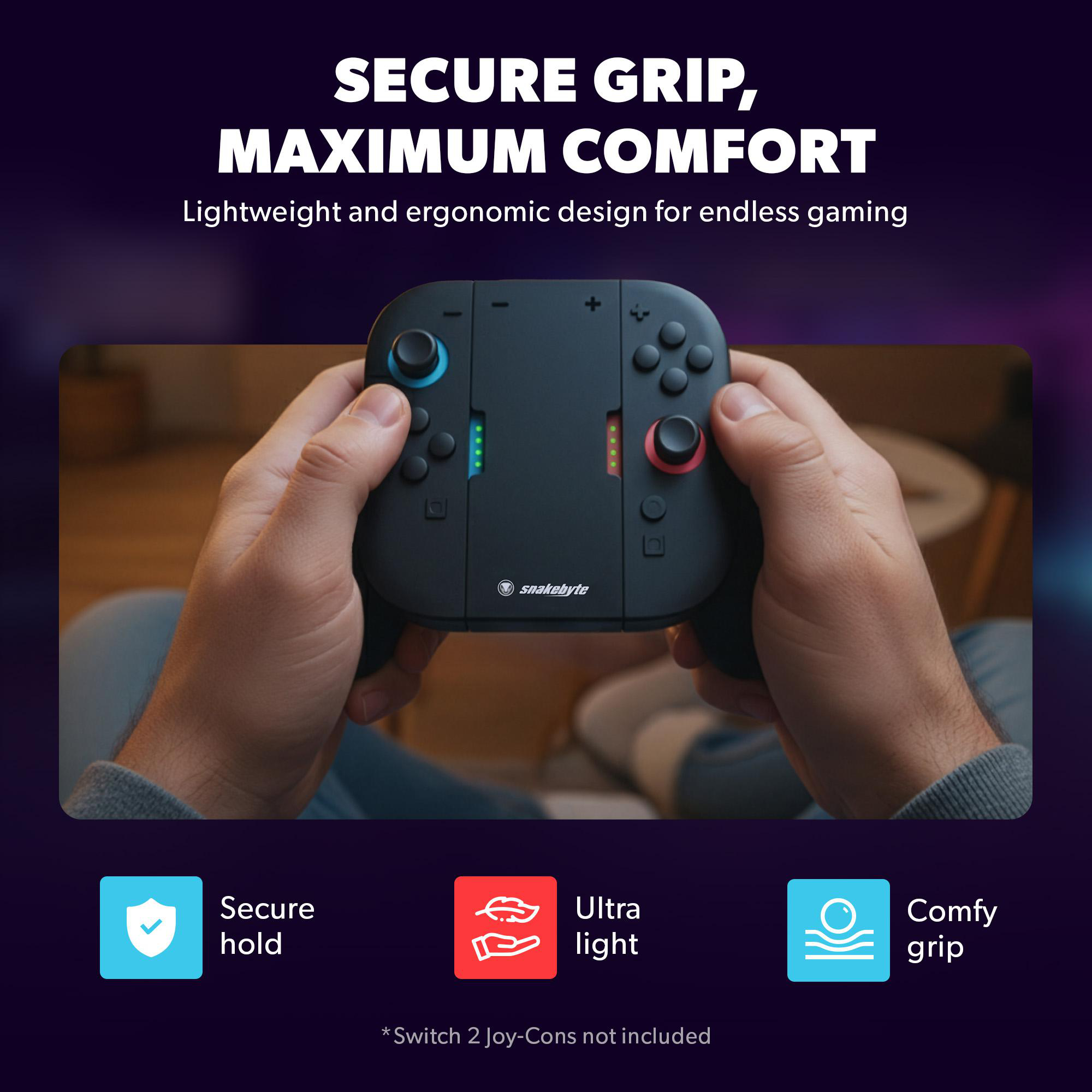 Hände halten einen schwarzen Gamecontroller. Text: Sicherer Griff, maximaler Komfort. Symbole für Halt, Licht, Griff.