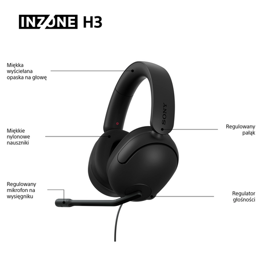 Czarne słuchawki INZONE H3 z mikrofonem. Cechy: regulowany pałąk, miękkie nauszniki i regulacja głośności na białym tle.