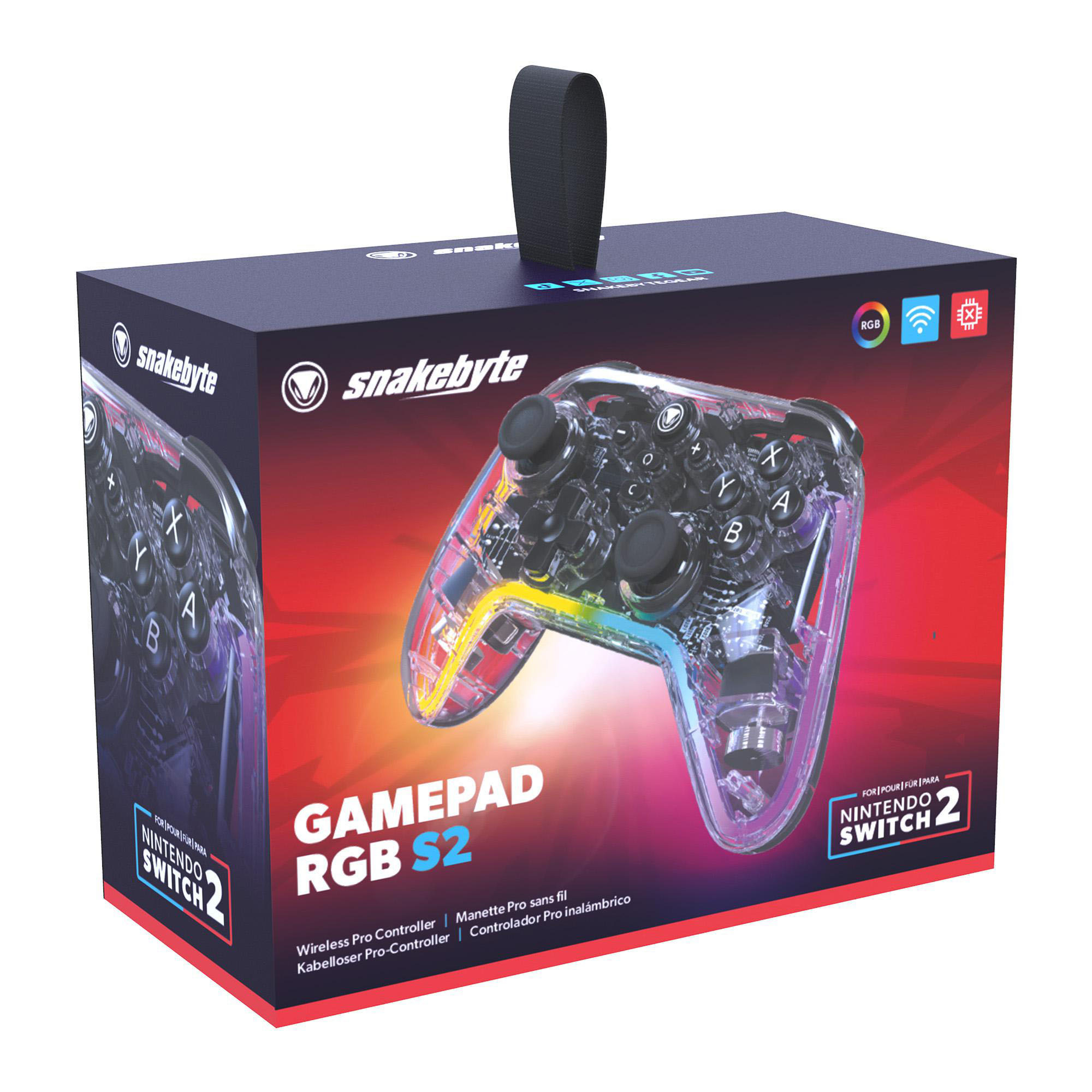 Schachtel eines Snakebyte RGB S2 Gamepads für Nintendo Switch 2. Der Controller ist in der Schachtel sichtbar.