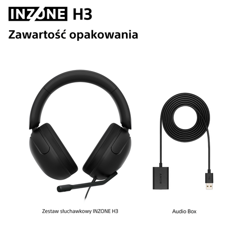 Czarne słuchawki INZONE H3 z dołączonym mikrofonem oraz czarny Audio Box ze zwiniętym kablem i USB.