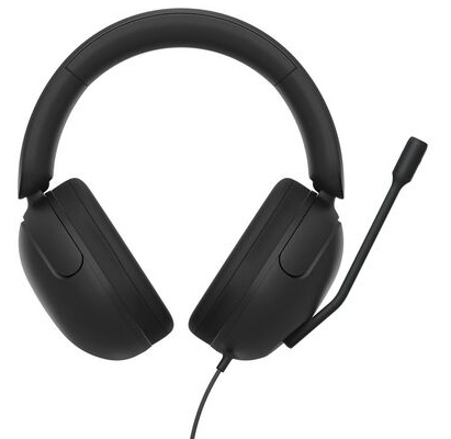 Czarny zestaw słuchawkowy z mikrofonem. Zestaw słuchawkowy ma nauszniki i pałąk. Kabel wychodzi z nausznika.