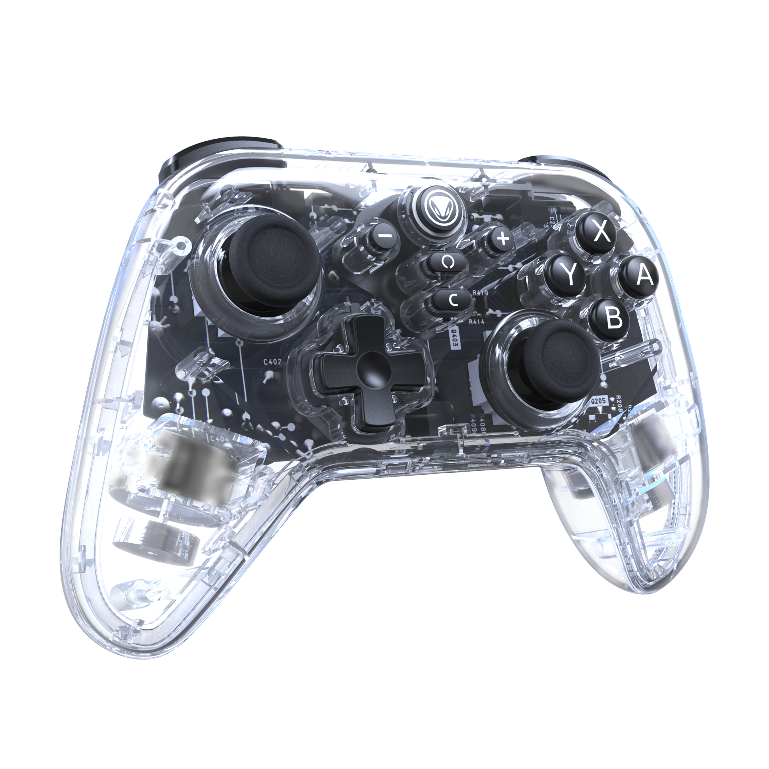 Ein transparenter Game-Controller mit sichtbaren internen Komponenten, Knöpfen und Joysticks, isoliert auf weißem Hintergrund.