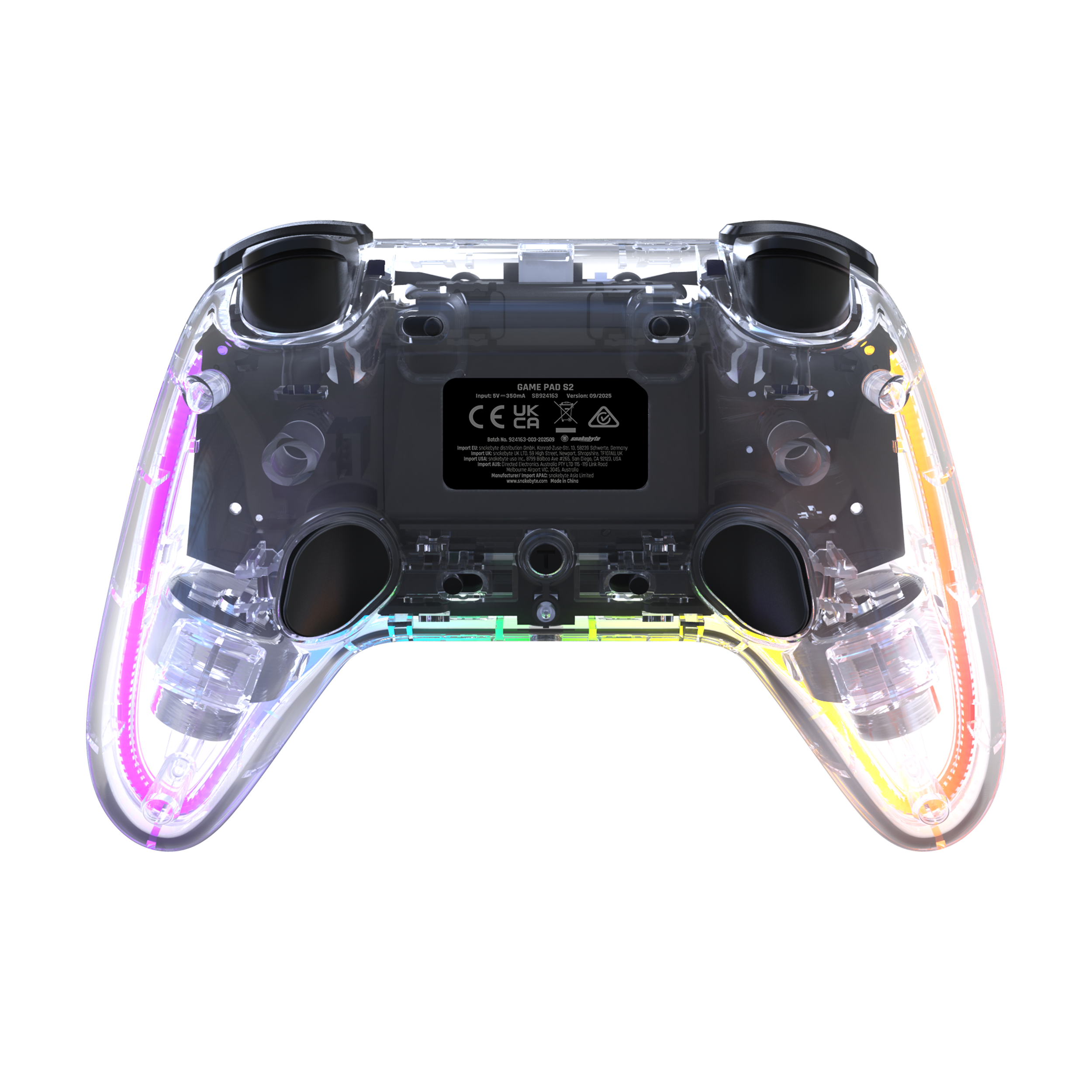 Transparenter Gamecontroller mit sichtbaren Innenteilen. Er hat bunte Lichter und ein schwarzes Etikett.