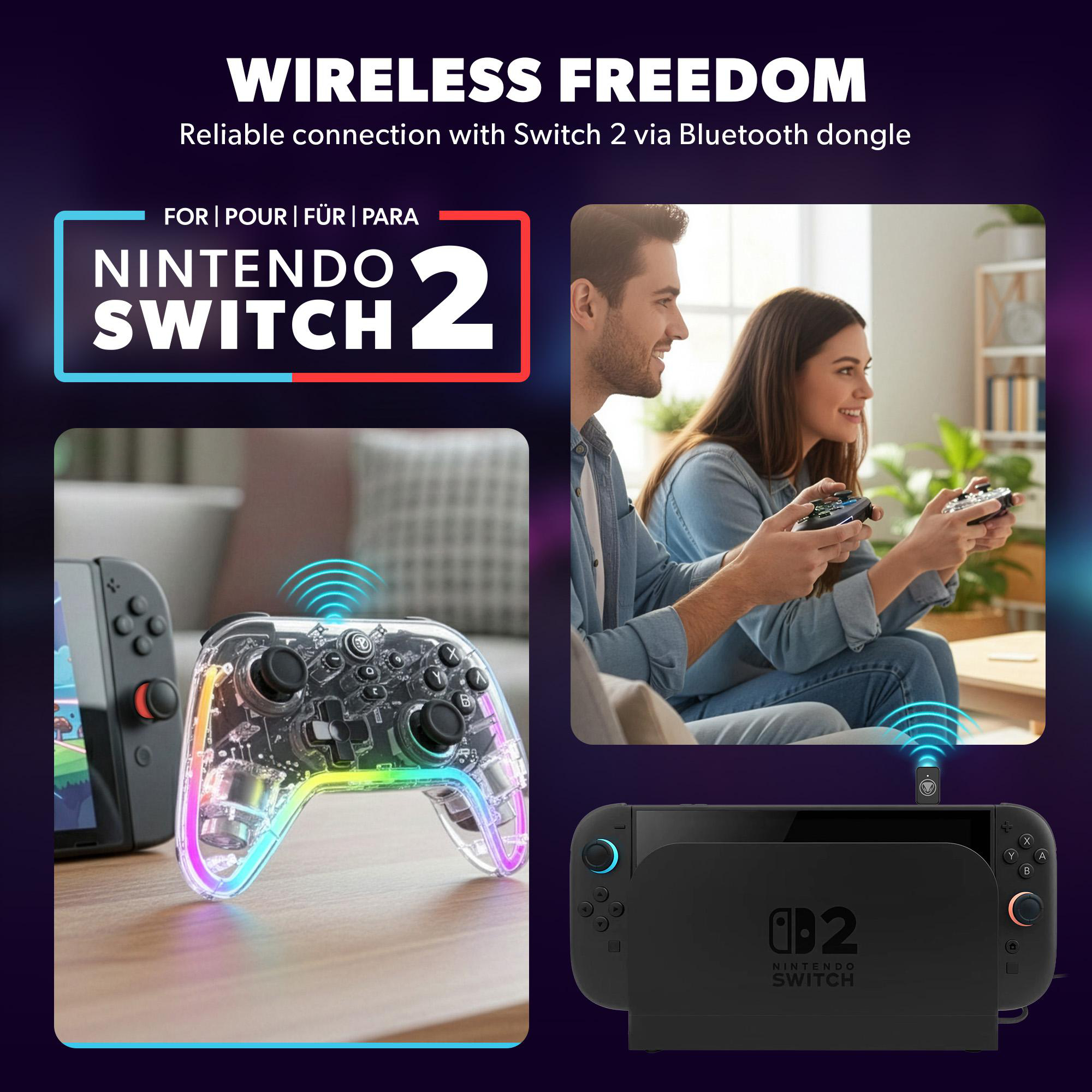 Bild zeigt Nintendo Switch 2, Controller und ein spielendes Paar. Drahtlose Verbindung ist hervorgehoben.