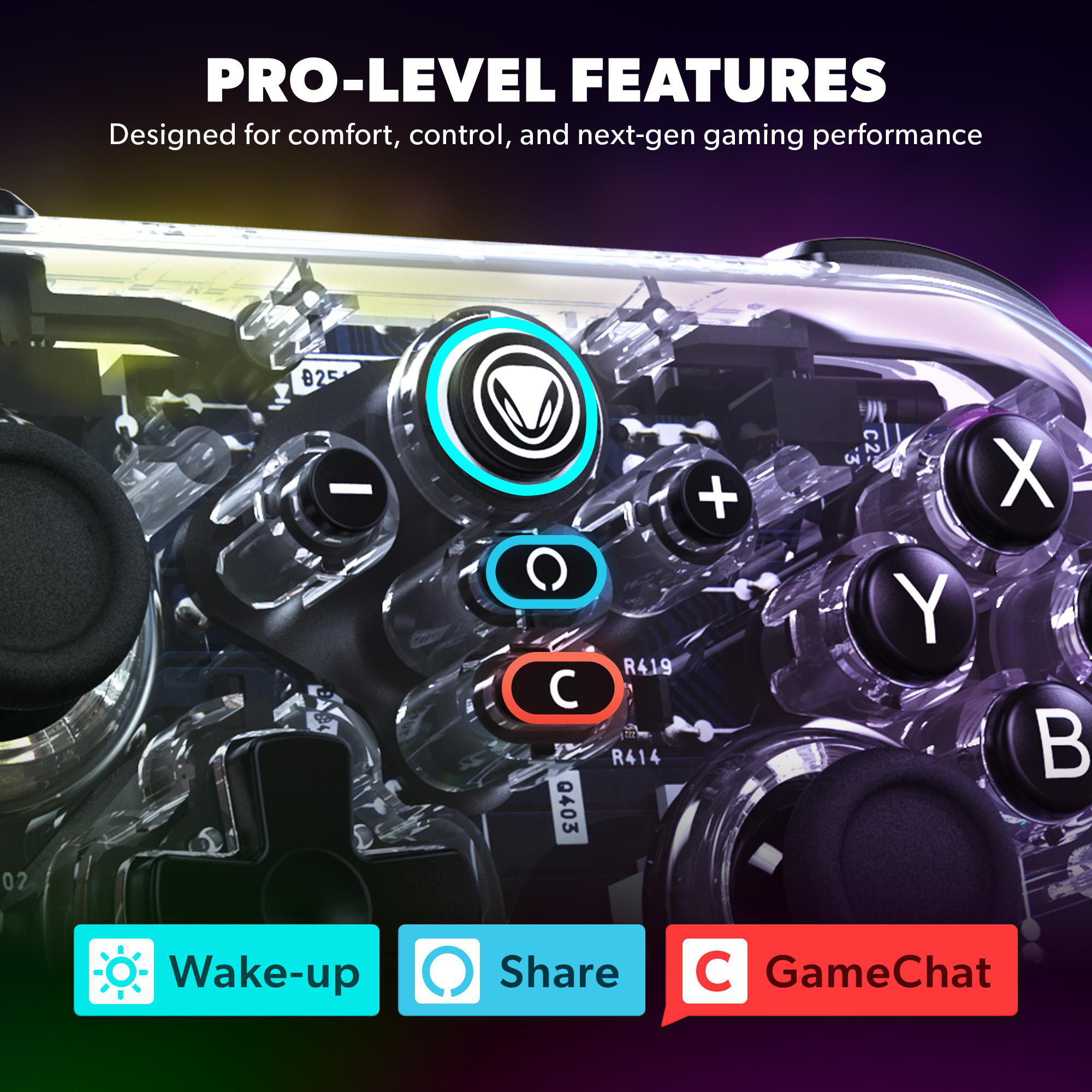 Ein durchsichtiger Gaming-Controller mit Tasten und Funktionen. Der Text lautet 'PRO-LEVEL FEATURES' und 'Wake-up, Share, GameChat'.