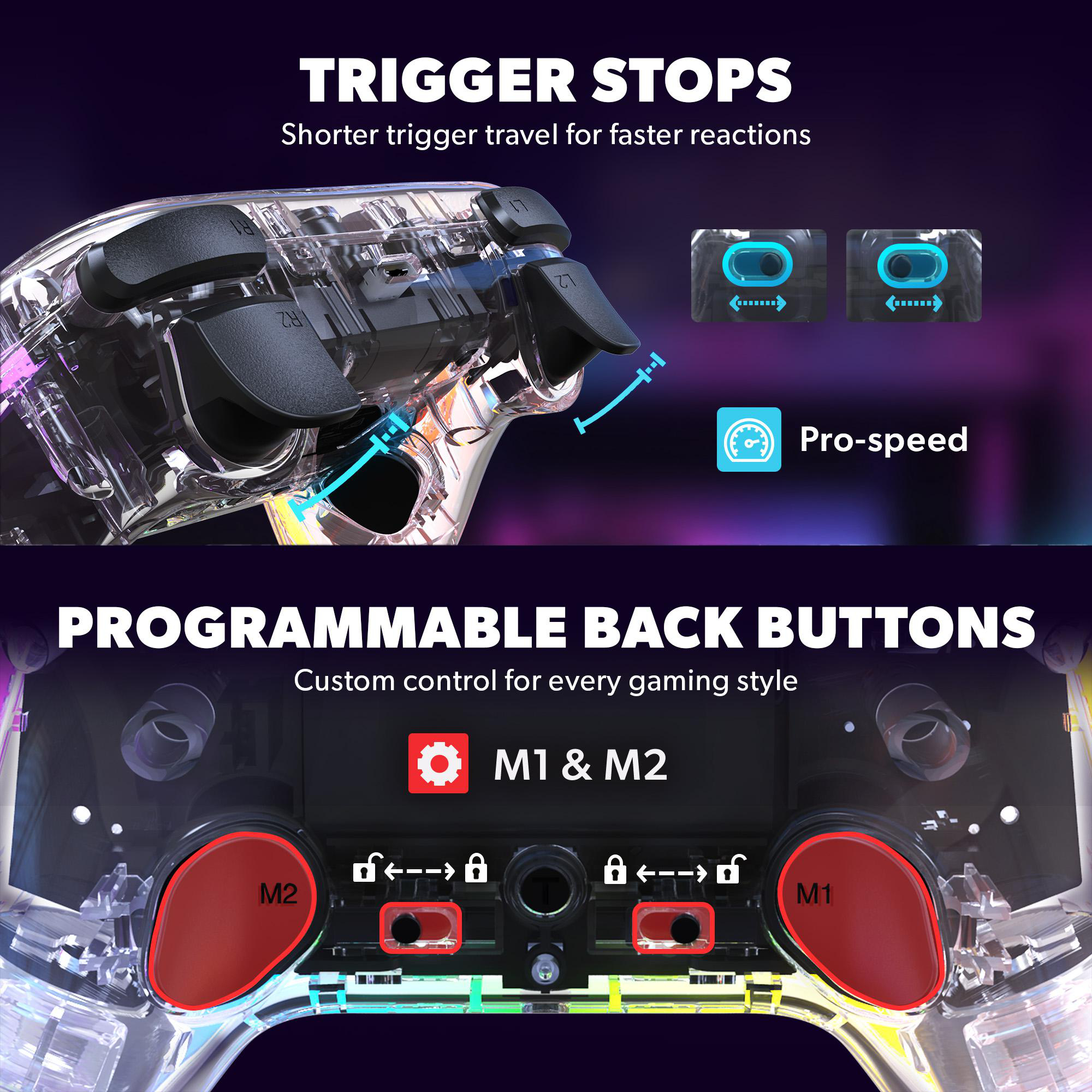 Bild eines transparenten Gamecontrollers mit schwarzen Knöpfen. Mit Trigger-Stopps und programmierbaren Rücktasten. Text oben: TRIGGER STOPS.
