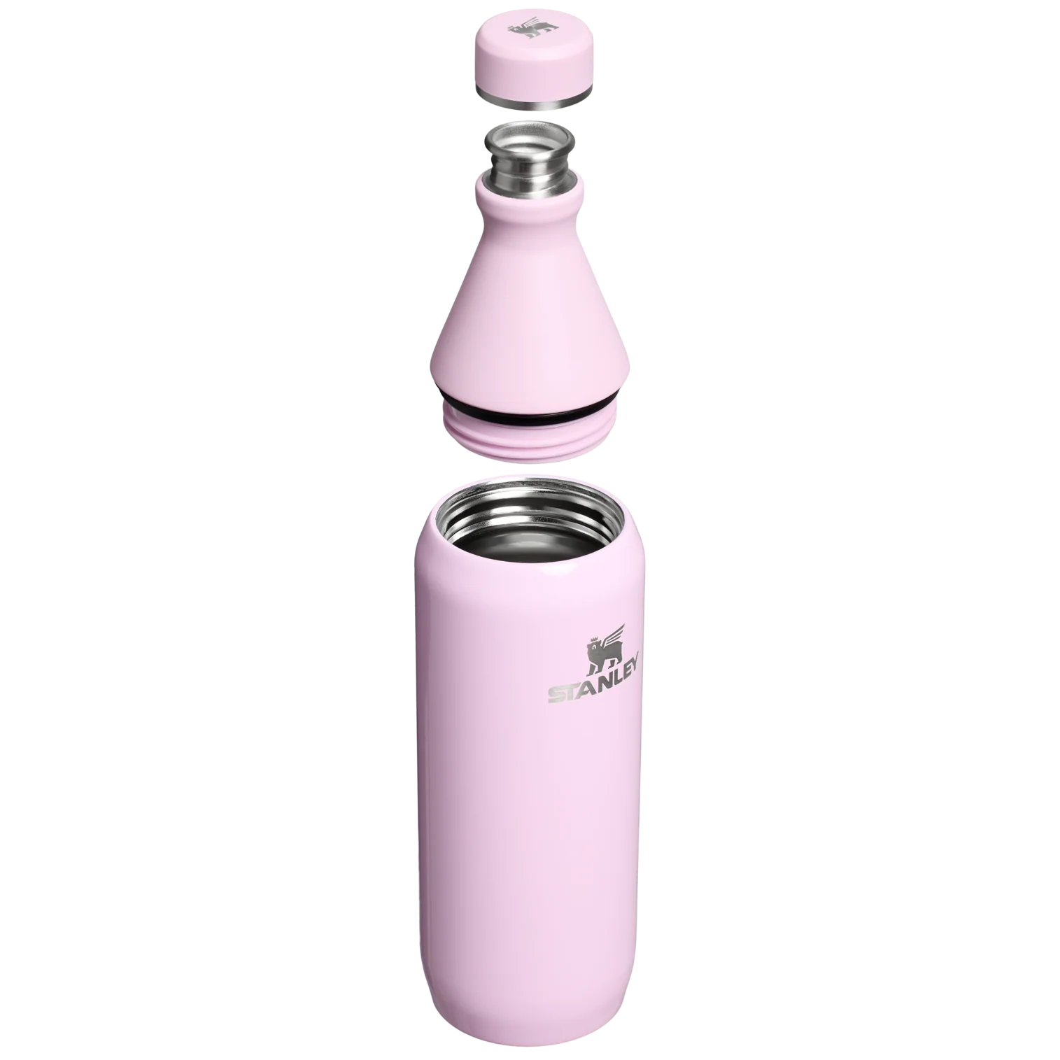 Pembe Stanley şişesi sökülmüş, kapak, üst kısım ve ana gövde gösteriliyor, hepsi gümüş iç kısım, siyah arka plan üzerinde.