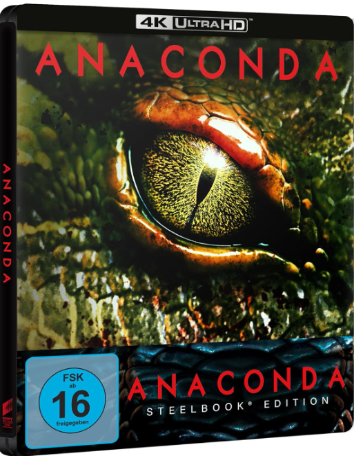Anaconda-Filmcover. Das Auge einer Schlange ist zentriert. Roter Text sagt Anaconda. Steelbook-Ausgabe. Bewertungssymbol unten links.
