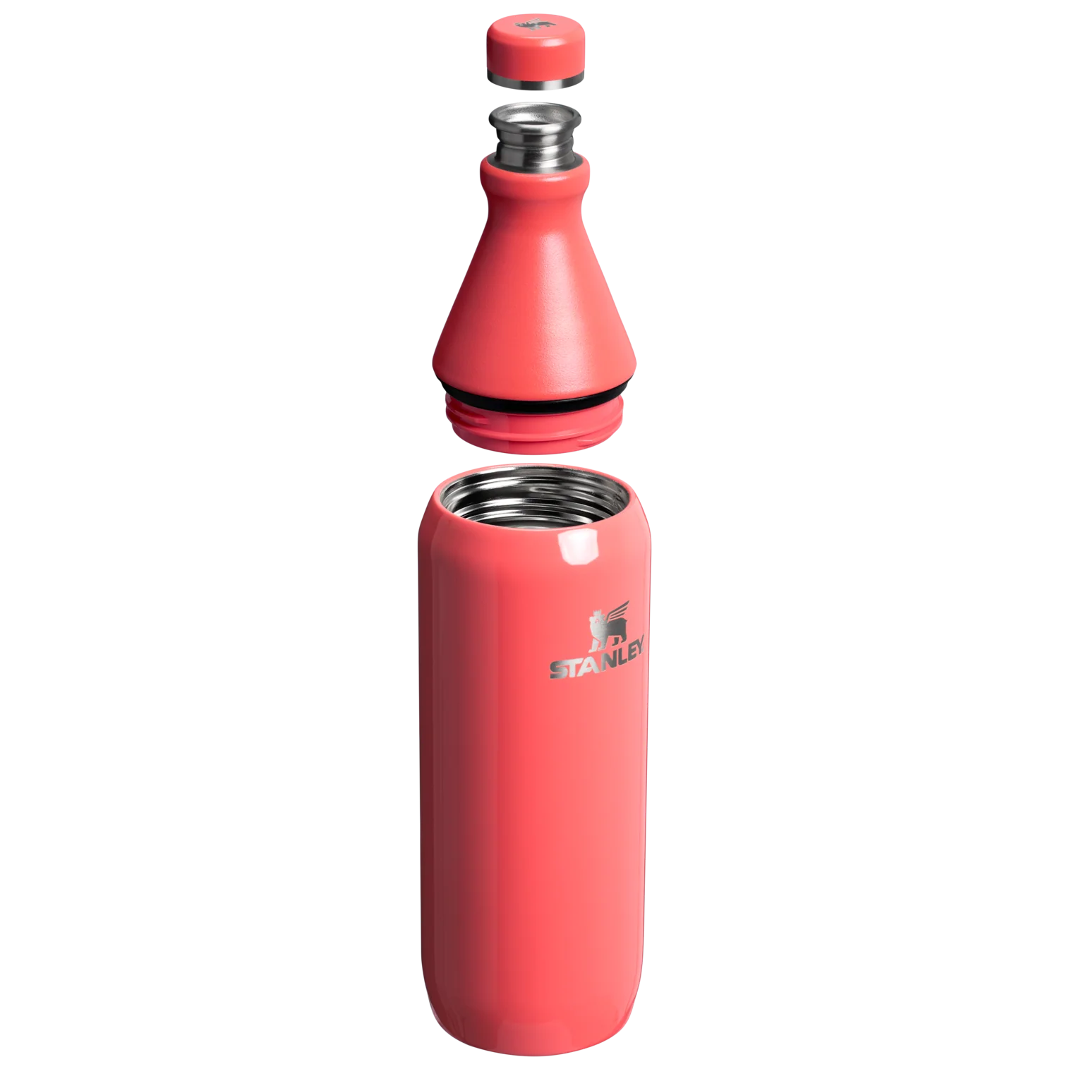 Sökülmüş pembe bir Stanley su şişesi. Bileşenler kapak, boyun ve gövdeyi içerir, hepsi siyah bir arka plan üzerinde ayrıdır.