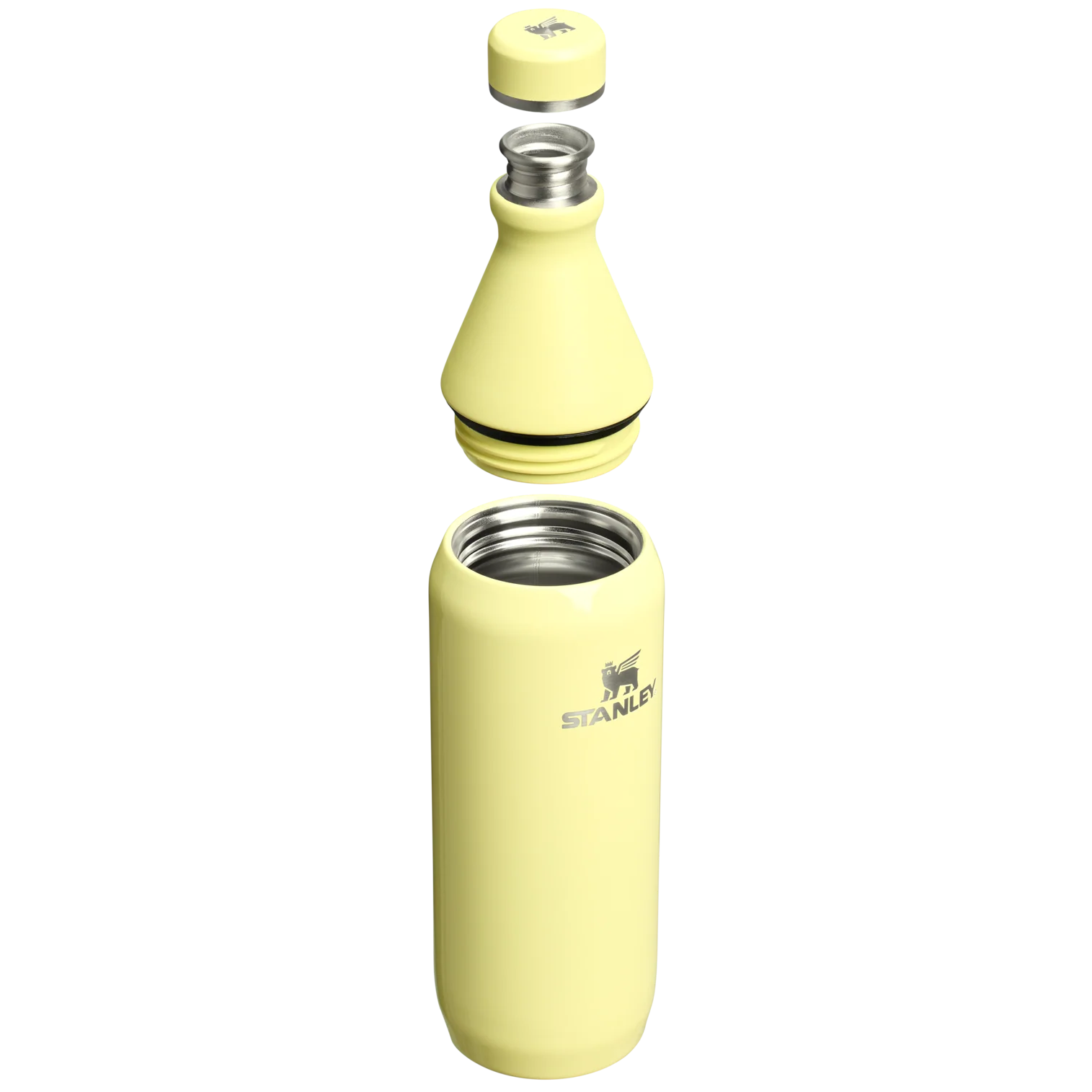 Sarı bir Stanley şişesinin patlatılmış görünümü. Parçalar kapak, boyun, orta kısım ve tabanı içerir. Stanley logosu görünür.