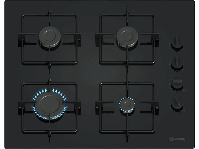 Placa de gas - Balay 3ETG464SB, 4 Zonas, 26 cm Zona grande, Gas butano, 59 cm, Negro