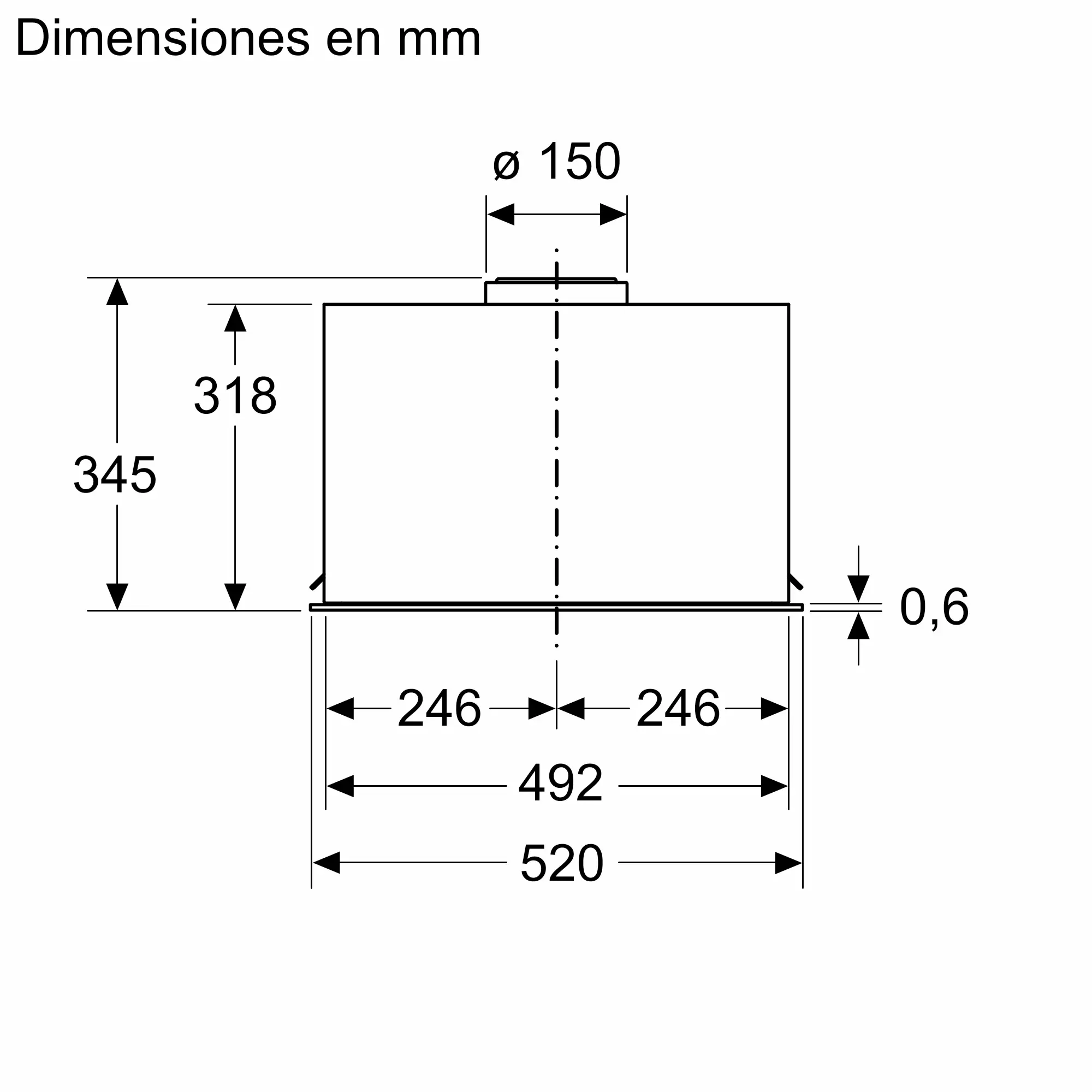 Diagrama con dimensiones en mm de una forma rectangular. Medidas: 345, 318, 520, 492, 246, 150 y 0,6.