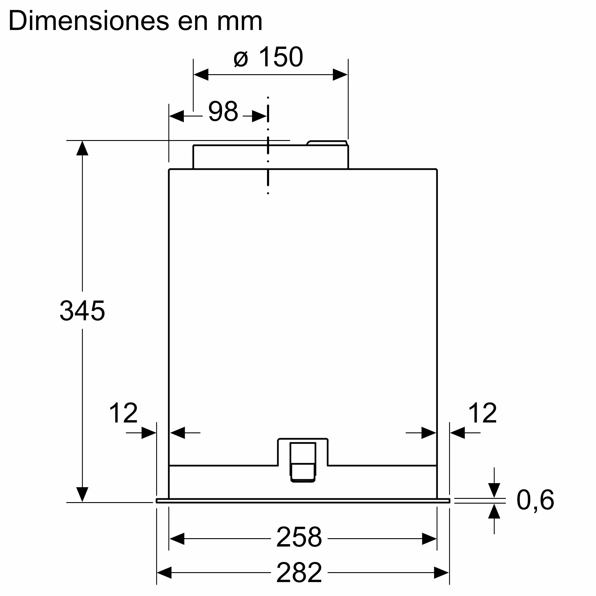 Diagrama con dimensiones en mm. Forma rectangular con medidas: 345mm altura, 282mm ancho y 150mm diámetro.