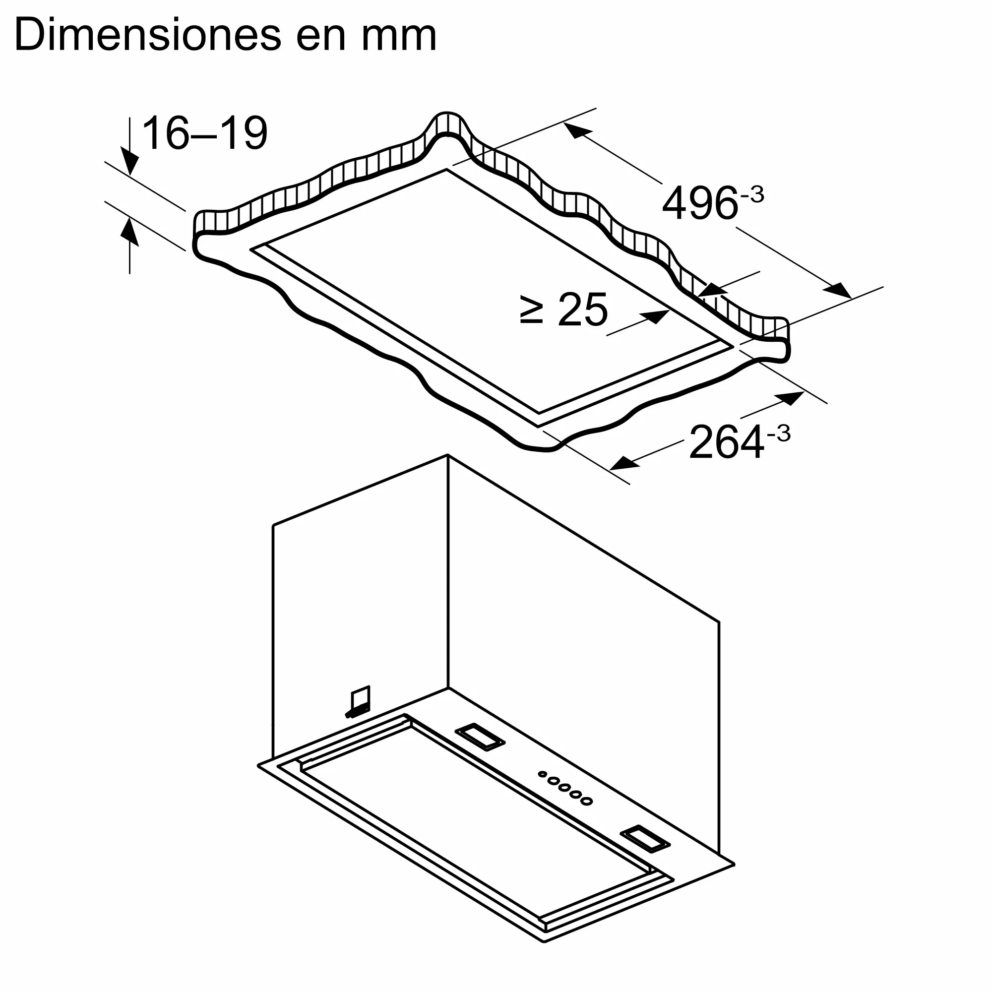 Diagrama de campana extractora con dimensiones en mm. Muestra las dimensiones y un armario empotrado.
