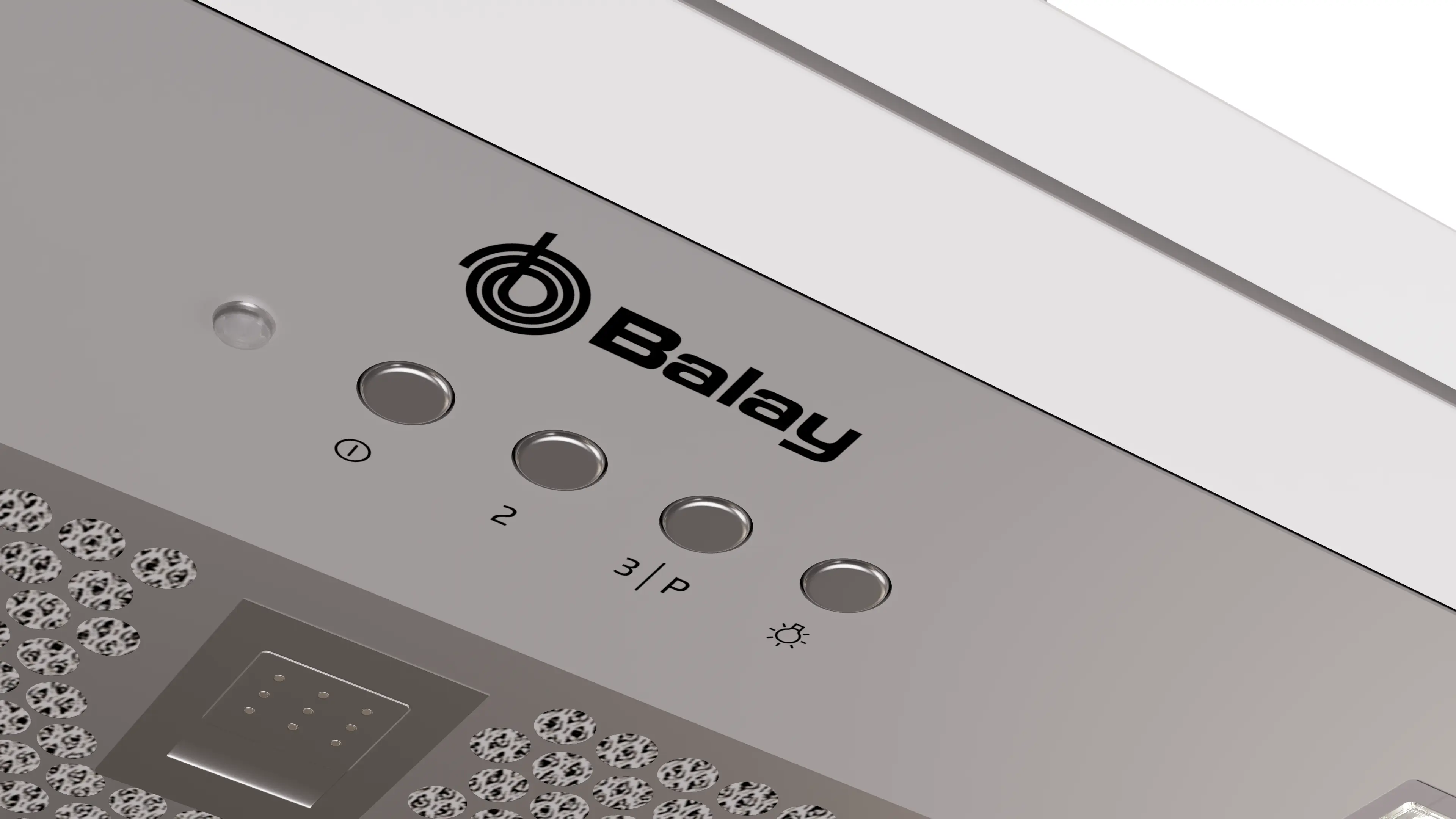 Primer plano del panel de control de una campana extractora con botones, el logotipo de Balay y un indicador de luz. La combinación de colores es plata y blanco.