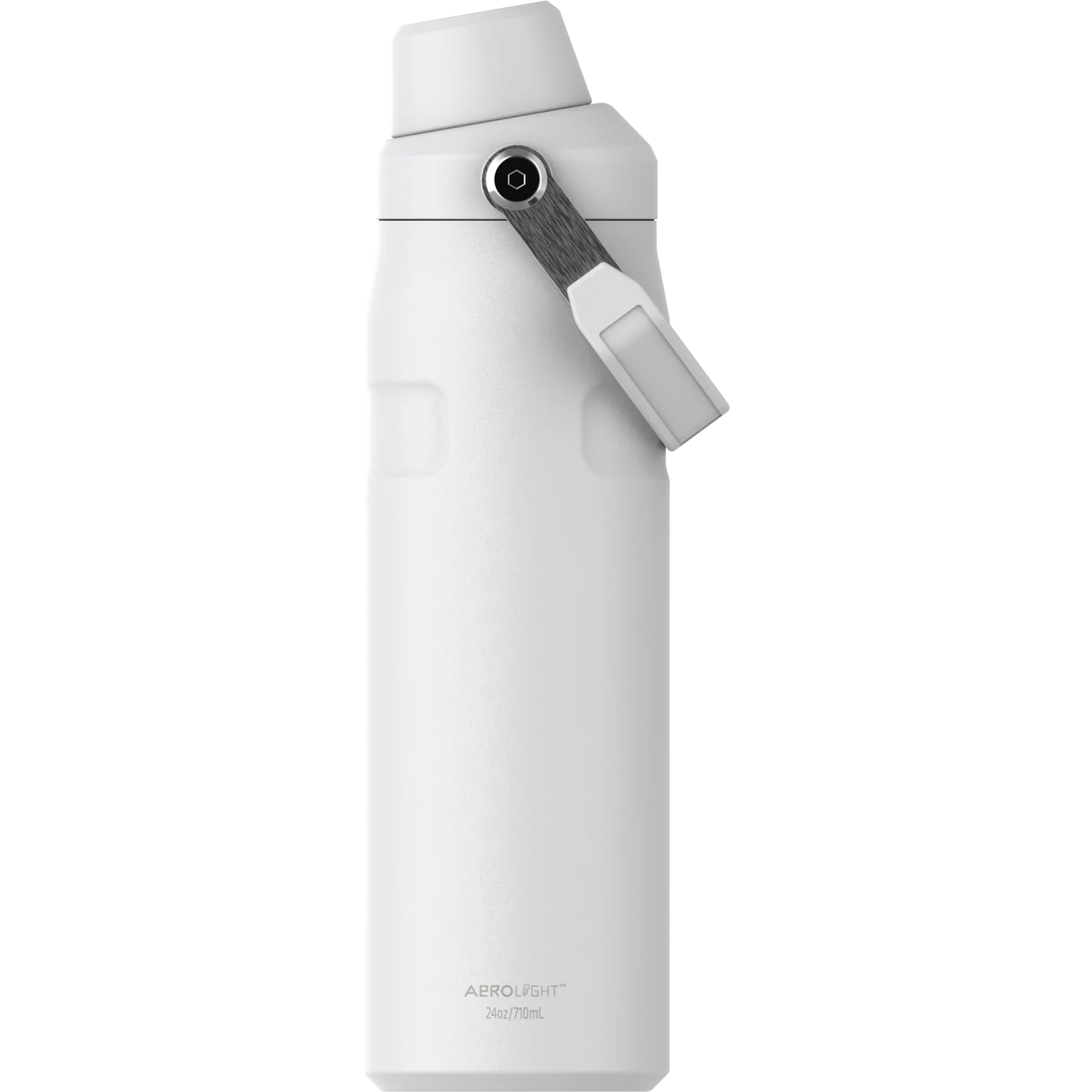 Beyaz bir su şişesi, üzerinde "AEROLIGHT" ve "24oz/710ml" yazan bir tutacağı var.