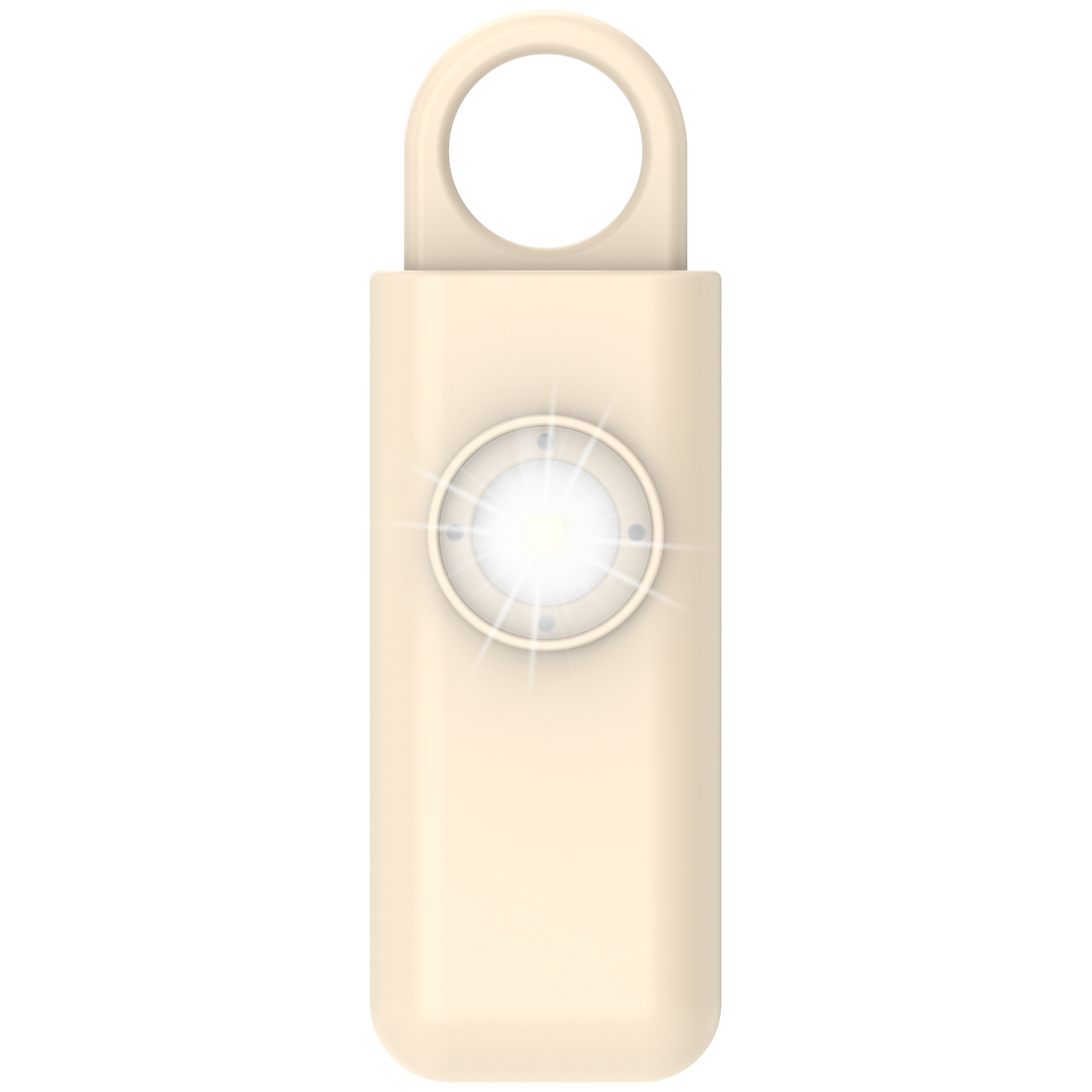 Een beige sleutelhanger met een cirkelvormige bevestiging aan de bovenkant en een helder licht in het midden van de behuizing.
