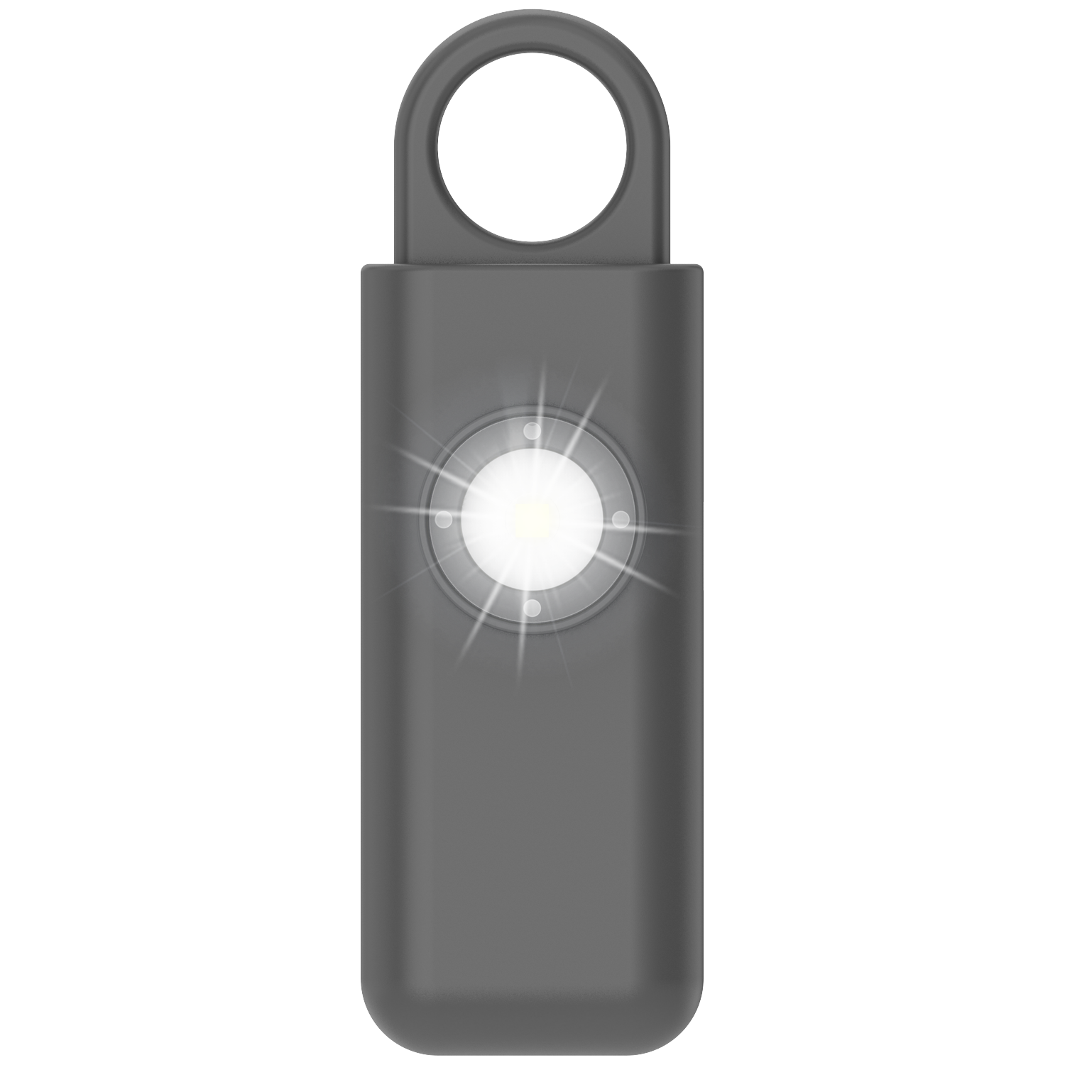 Een grijze, rechthoekige zaklamp met een helder middenlicht en een lus aan de bovenkant. De achtergrond is wit.
