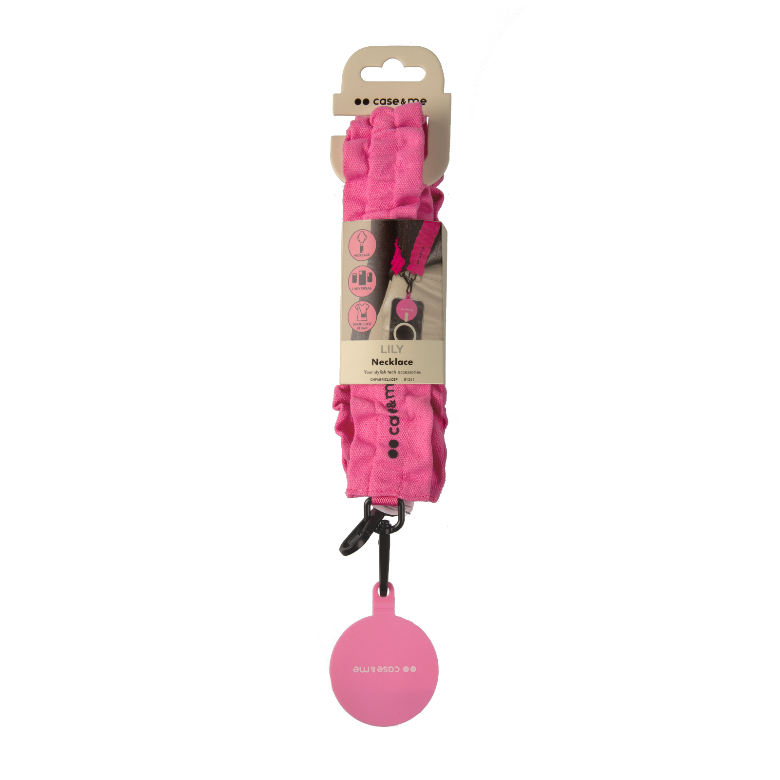 Beyaz zemin üzerinde pembe telefon kolyesi. Kordon, etiket ve siyah klips içerir.