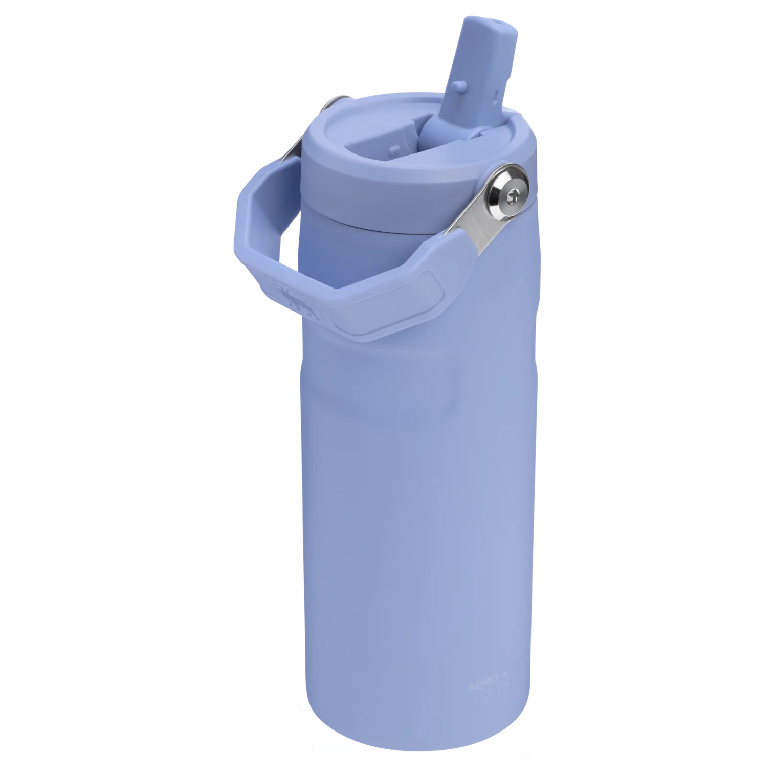 Açık mor bir su şişesi, sapı, kapağı ve pipeti var. Şişe silindirik. Sapı aynı renkte, yan tarafta.