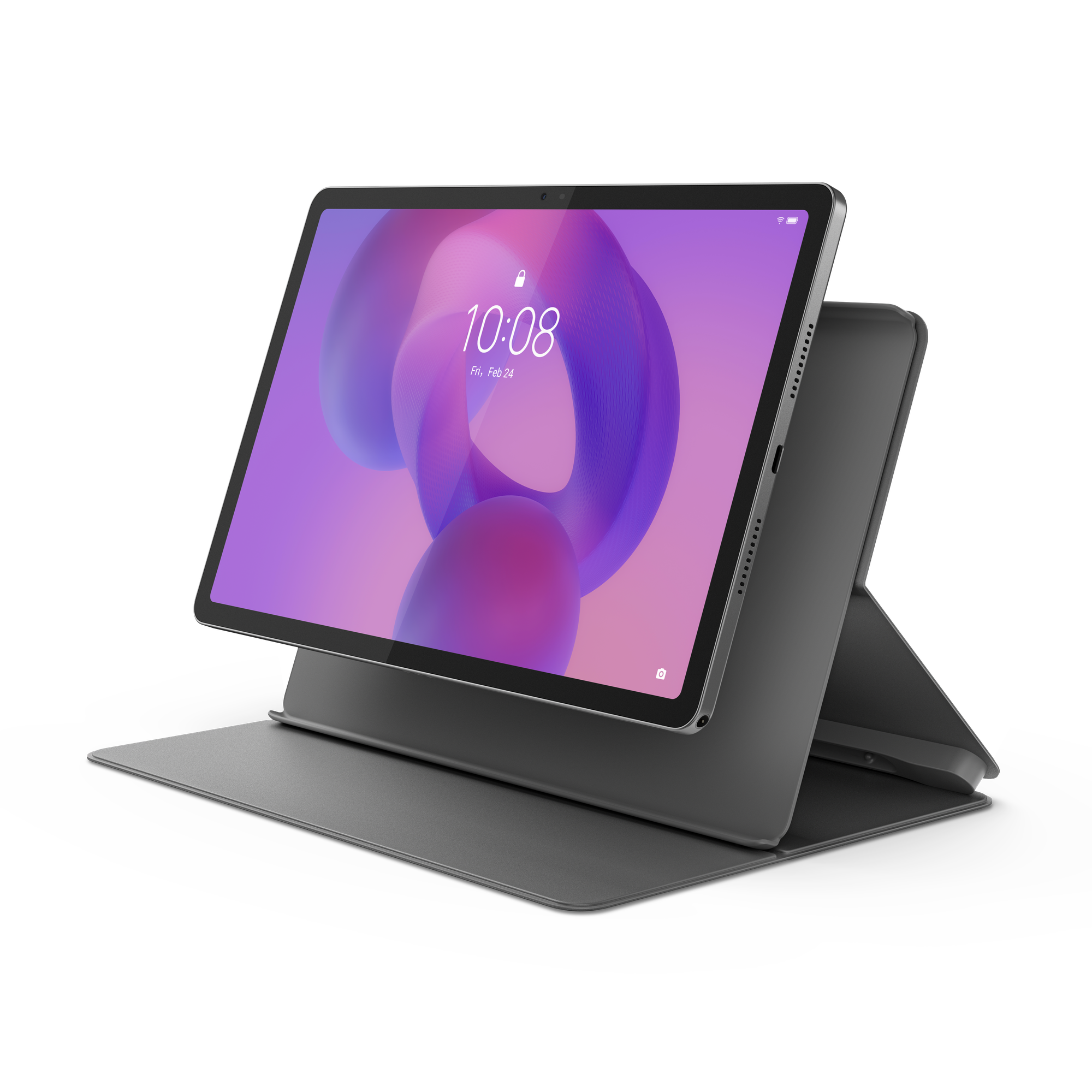 Tablet mit Uhrzeit und Datum auf dem Bildschirm, in grauem Gehäuse, auf schwarzem Hintergrund.