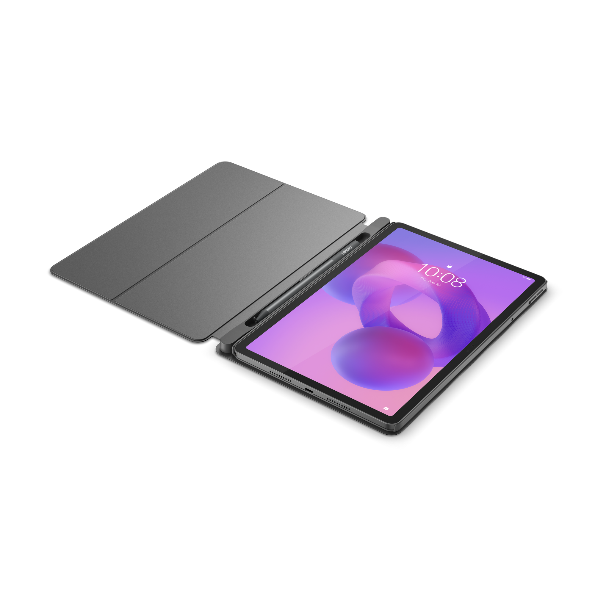 Tablet mit grauem Cover und Stift auf schwarzem Hintergrund. Der Bildschirm zeigt eine farbenfrohe Grafik.