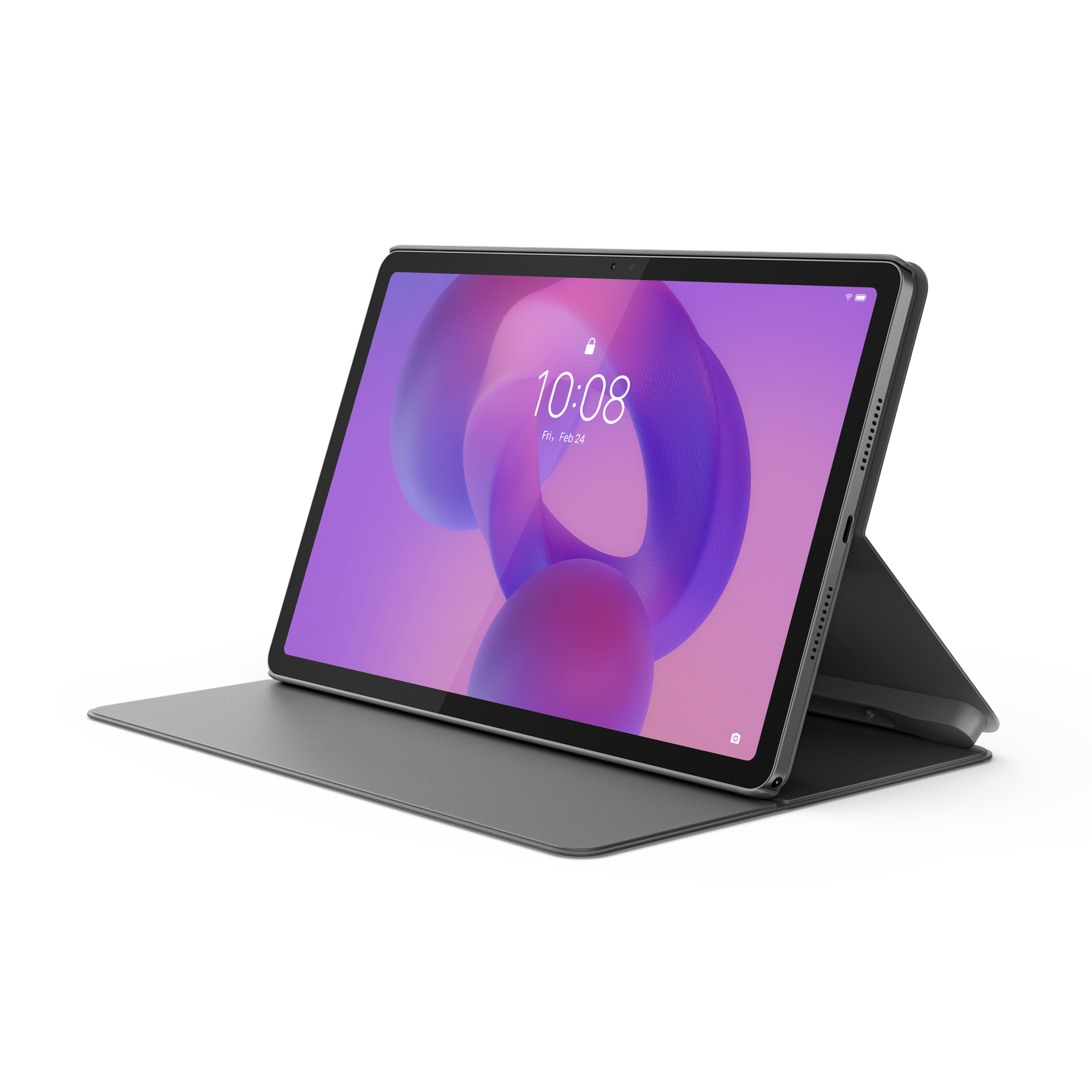 Tablet mit grauem Gehäuse, zeigt die Uhrzeit 10:08 auf lila Hintergrund. Das Tablet liegt auf schwarzem Untergrund.