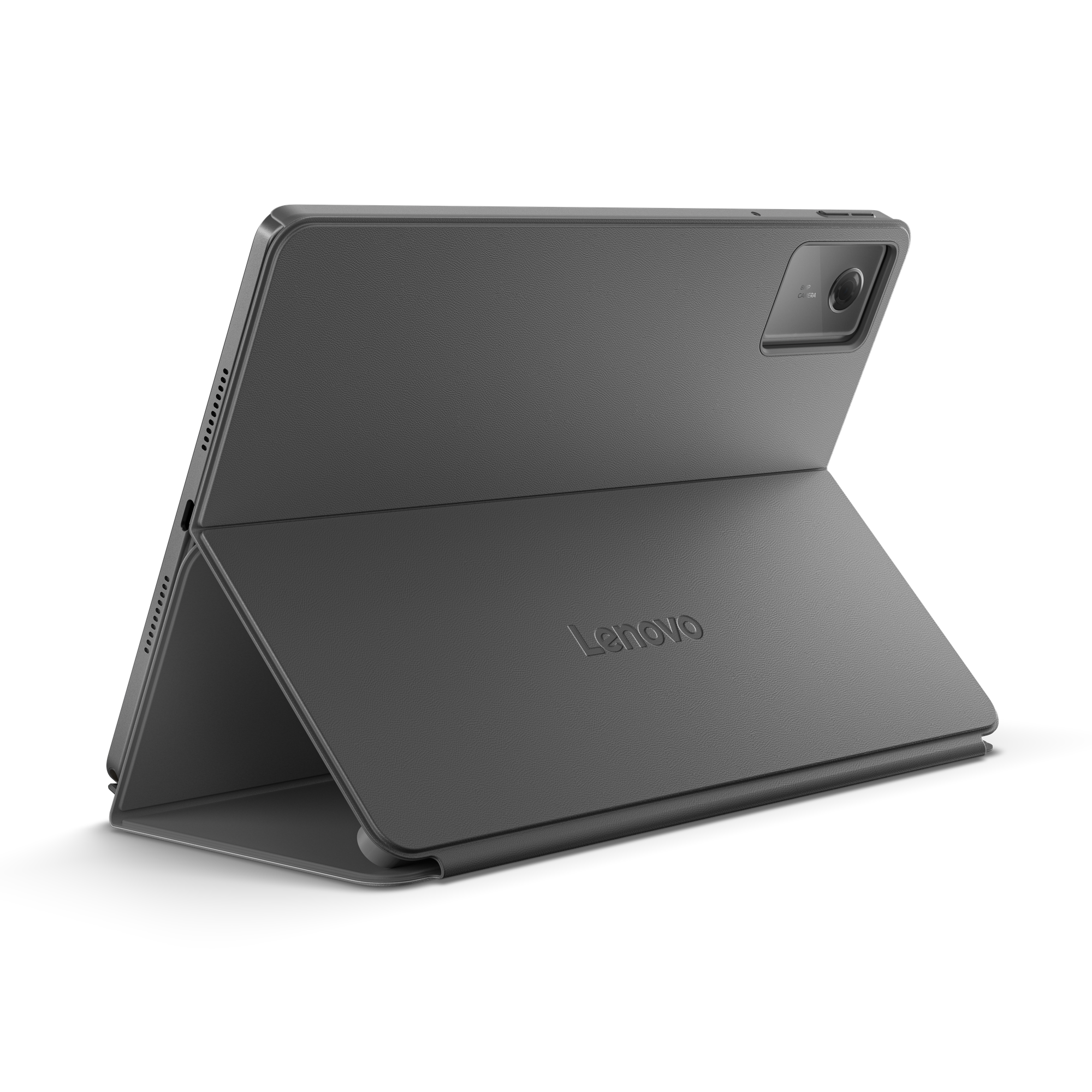 Graues Tablet mit geöffneter Hülle und Lenovo-Logo. Der Hintergrund ist schwarz.