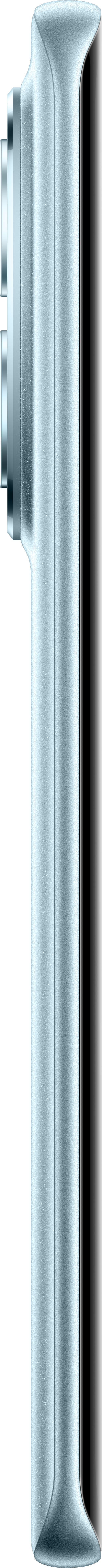 Seitenansicht eines hellblauen Smartphones mit abgerundeten Kanten. Schwarz-weißer Hintergrund.