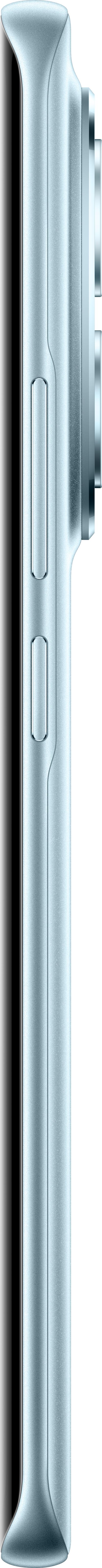 Seitenansicht eines hellblauen Smartphones. Mit Lautstärke- und Ein-/Aus-Tasten. Die Kamera ist sichtbar.