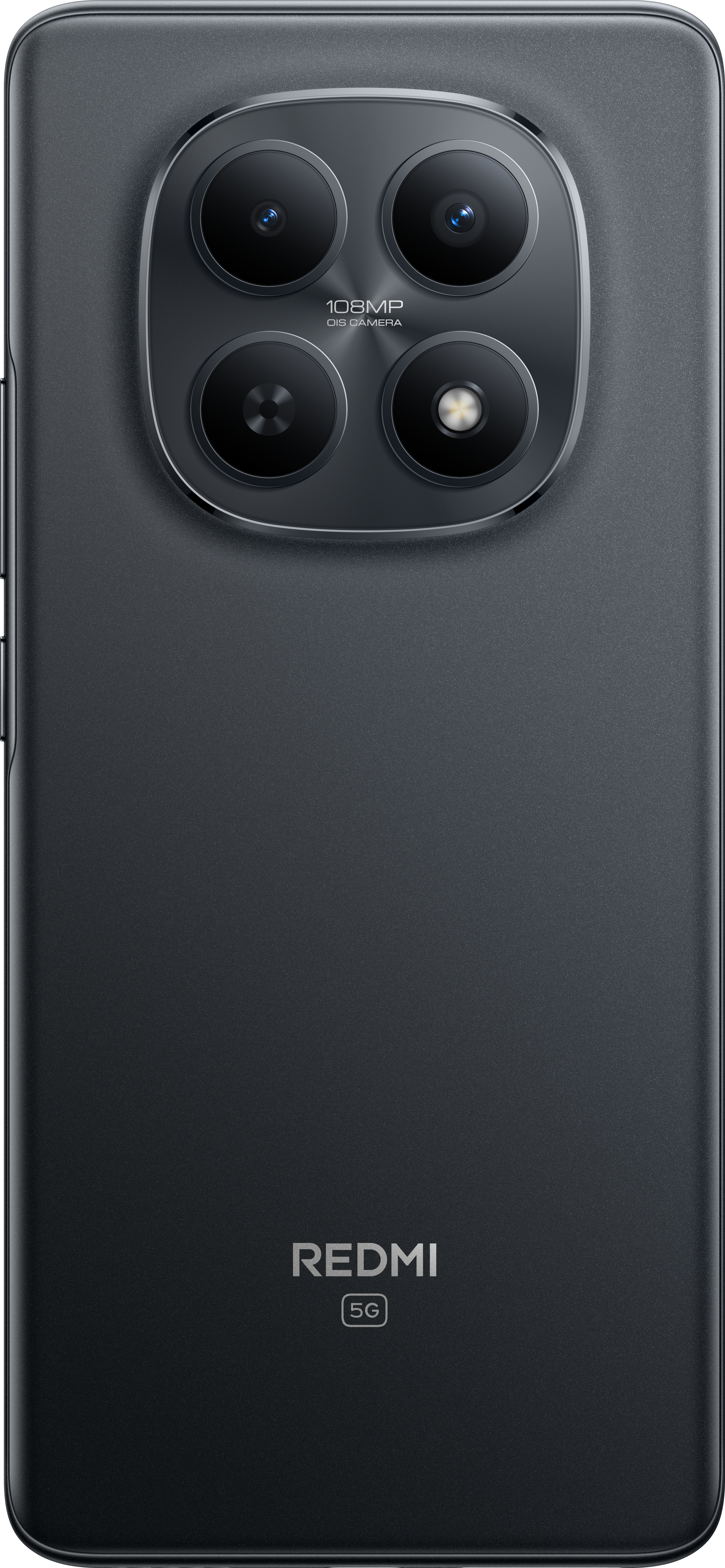 Schwarze Smartphone-Rückseite mit großem Kameramodul mit vier Linsen. Redmi 5G-Logo unten.