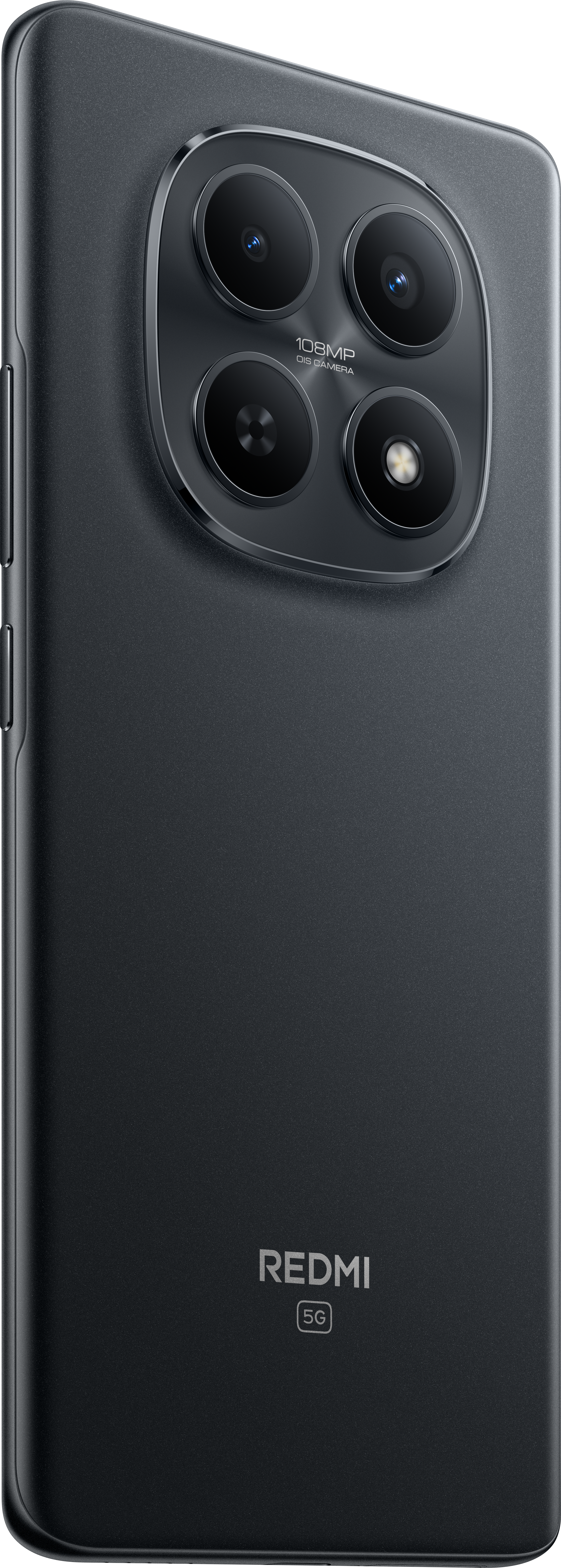 Schwarze Smartphone-Rückseite mit Kameramodul, vier Linsen und Redmi-Logo. 5G ist angegeben.