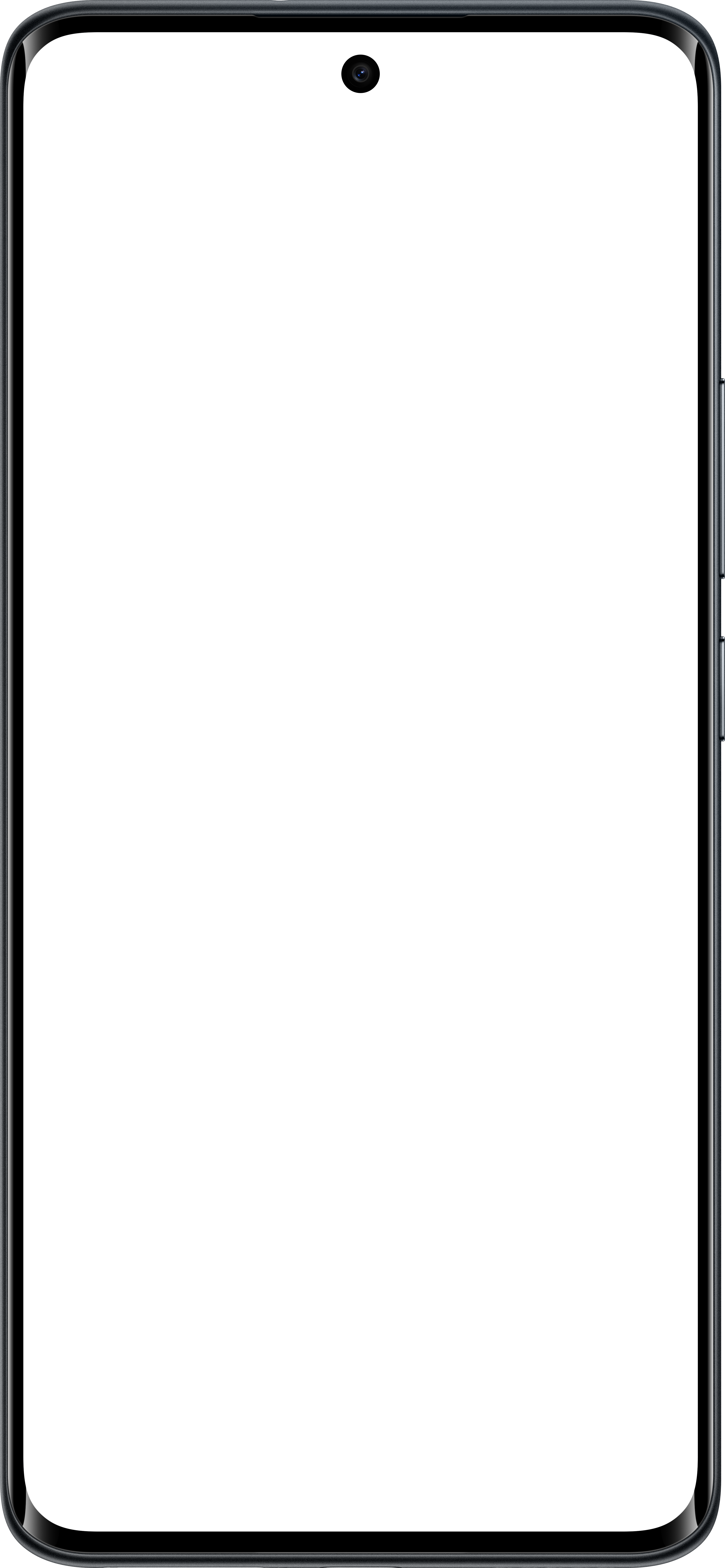 Ein schwarzes Smartphone mit schwarzem Bildschirm. Oben ist eine Frontkamera zu sehen. Die Kanten sind gebogen und haben Tasten rechts.