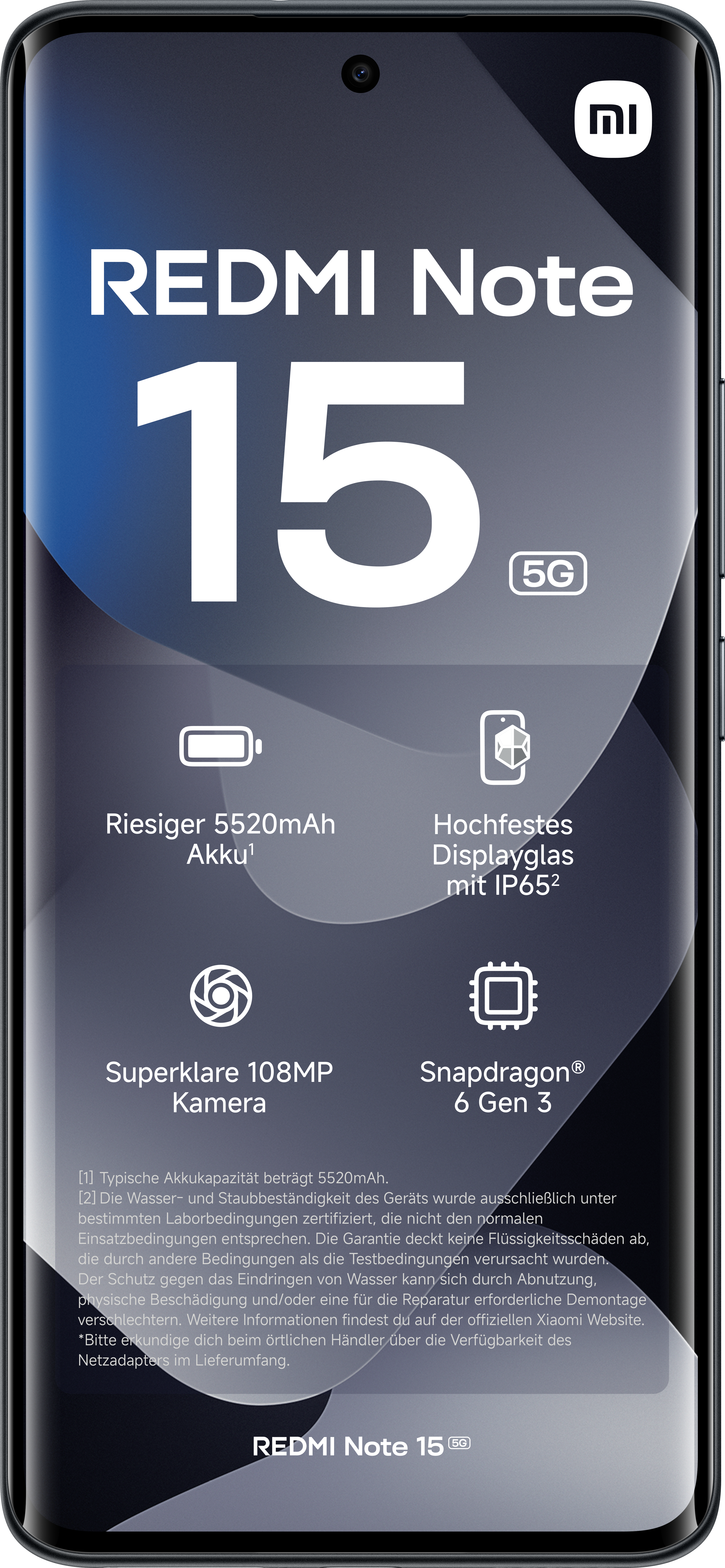 Smartphone mit schwarzem Rahmen. Der Bildschirm zeigt 'Redmi Note 15' und Hauptmerkmale wie Kamera und Akku.