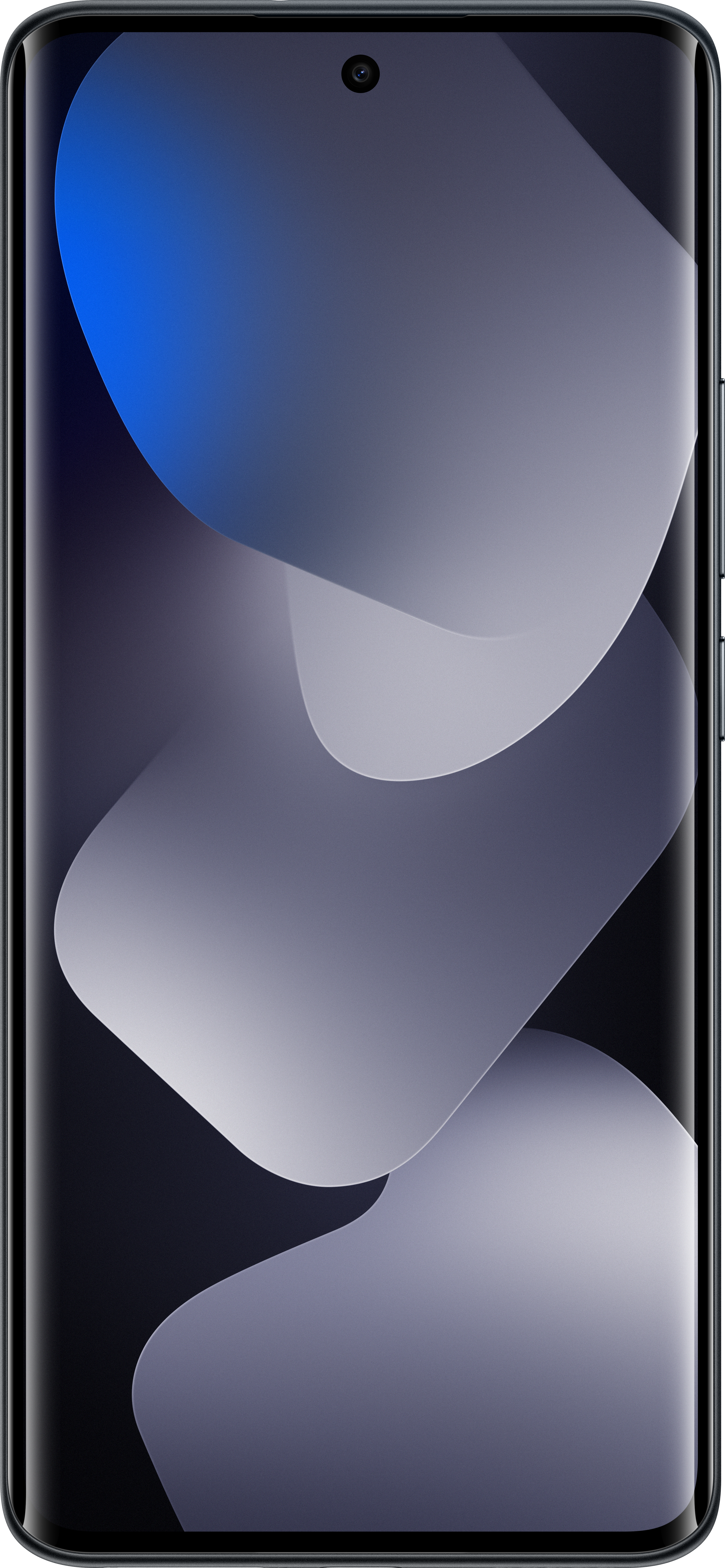 Ein Smartphone-Bildschirm zeigt einen dunklen Farbverlauf mit fließenden, abstrakten Formen in Grau- und Blautönen.