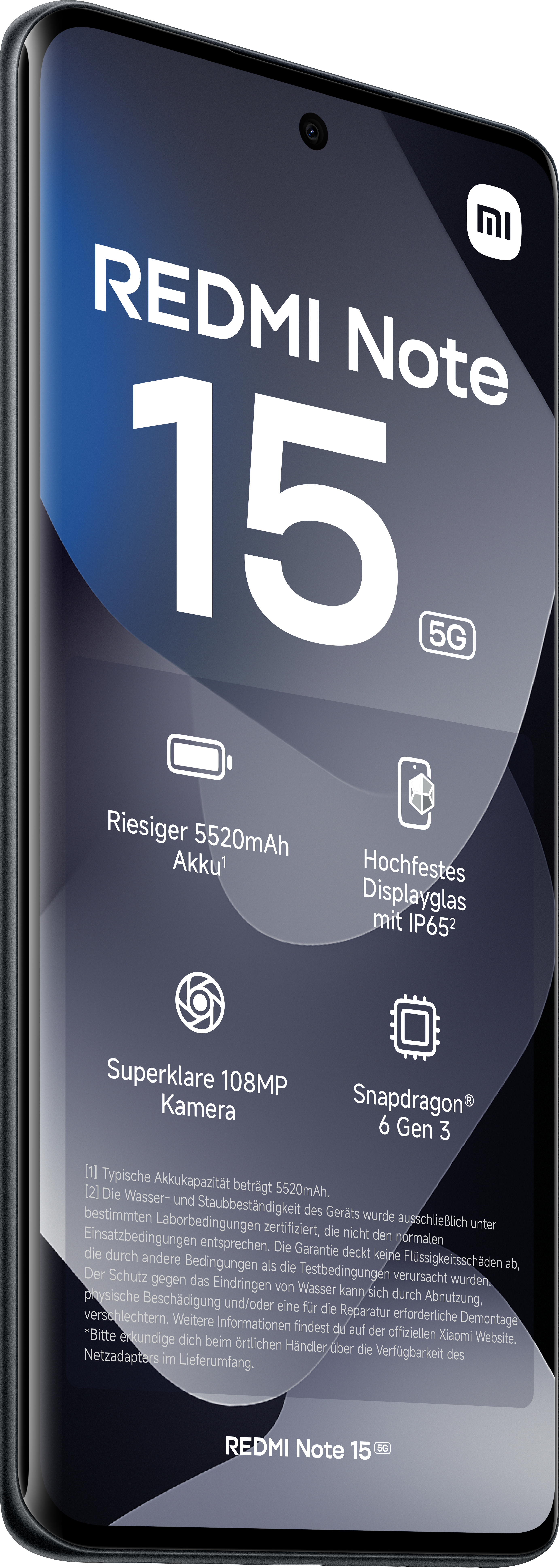 Ein Redmi Note 15-Handy zeigt wichtige Funktionen wie einen großen Akku, ein hochfestes Display und eine 108MP-Kamera.